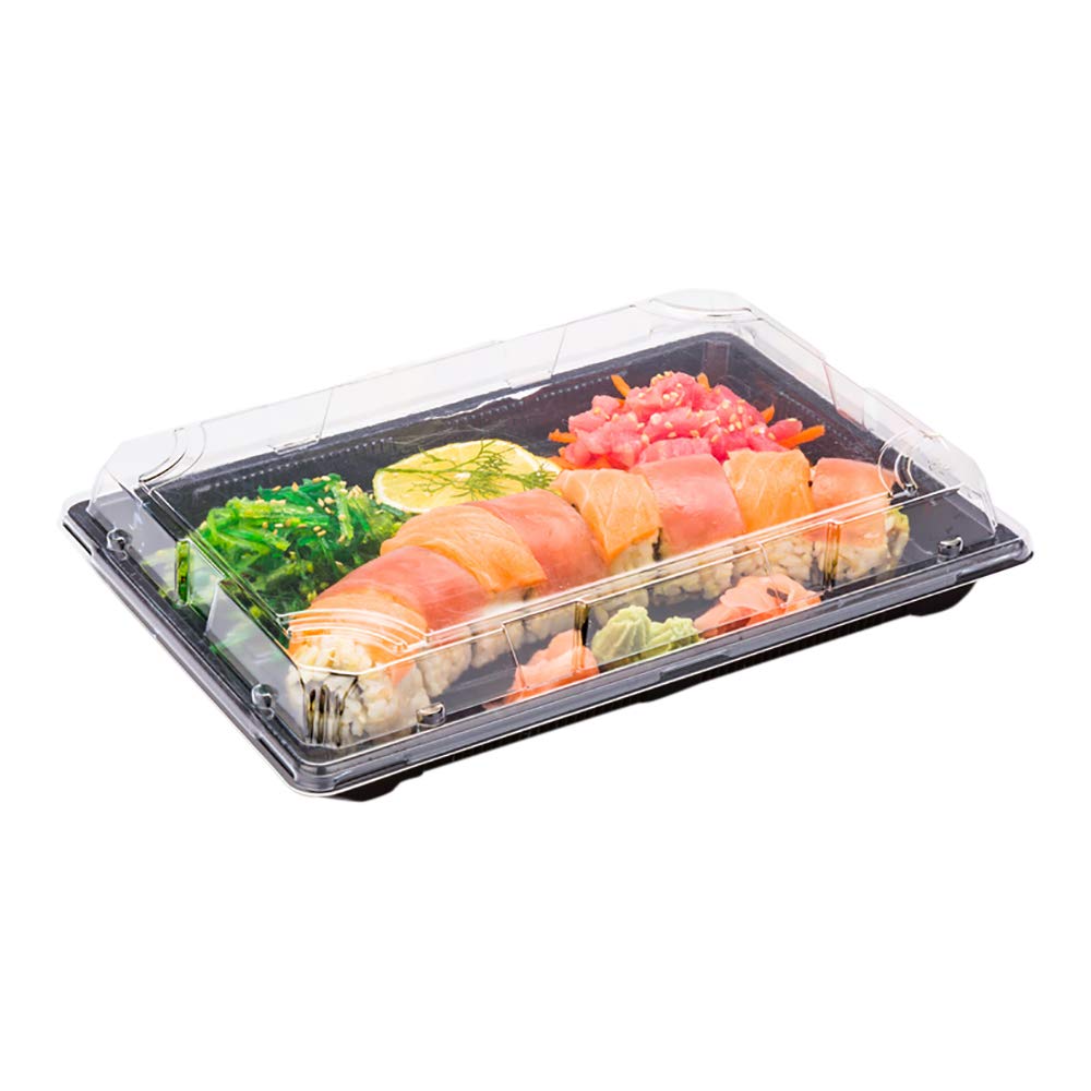 Restaurantware Roku 10.25 x 7.5 Inch 100-Pack Disposable Sushi Trays with Lids - Extra Large Black Plastic Food Containers for Sushi, Appetizers, Entrees & Desserts | Perfect for Takeout, Catering & Restaurant Use