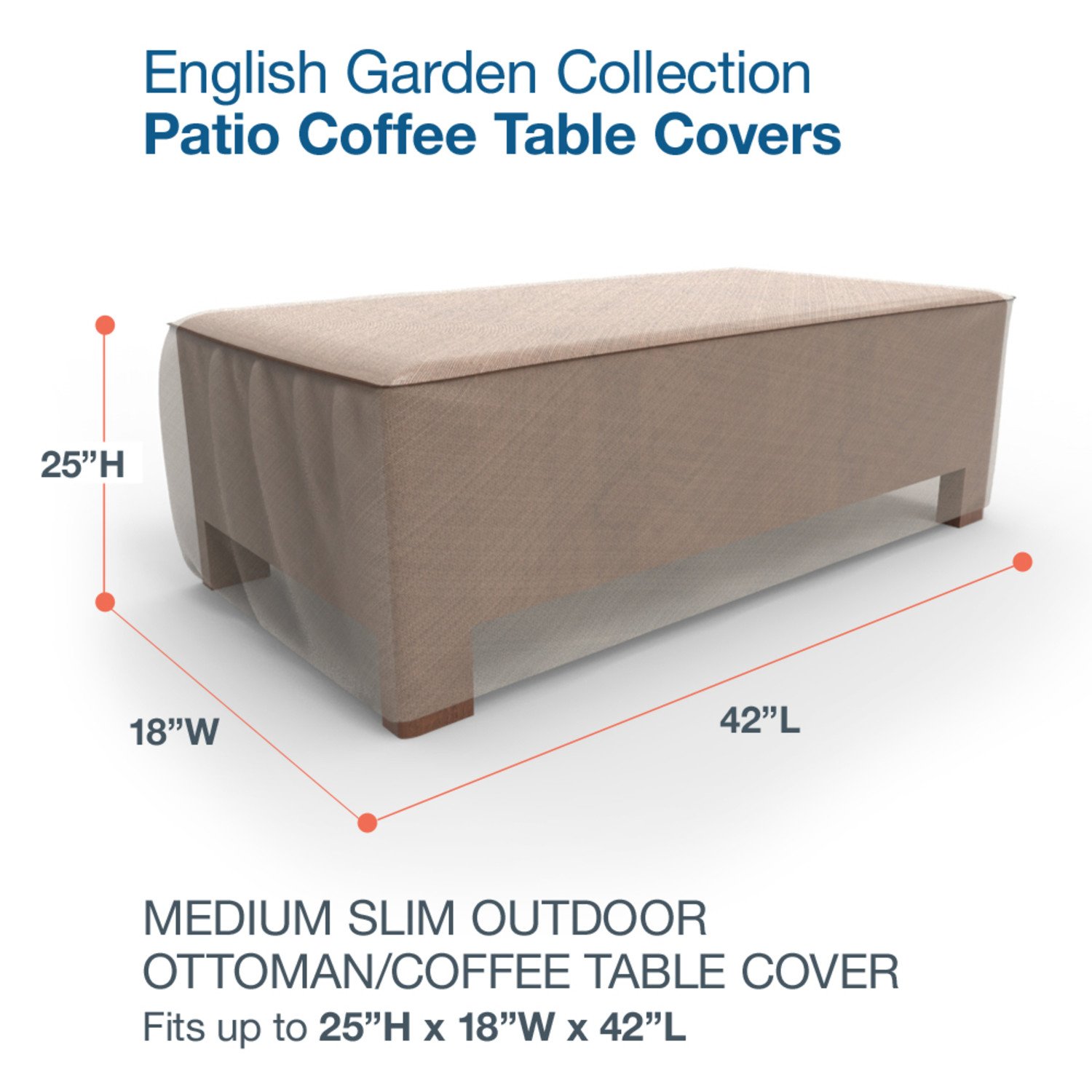 Budge P4A03PM1 English Garden Slim Patio Ottoman Cover - Heavy Duty Waterproof Coffee Table Protector, Medium, Tan Tweed - Perfect for Outdoor Furniture, Garden Decor & Patio Sets