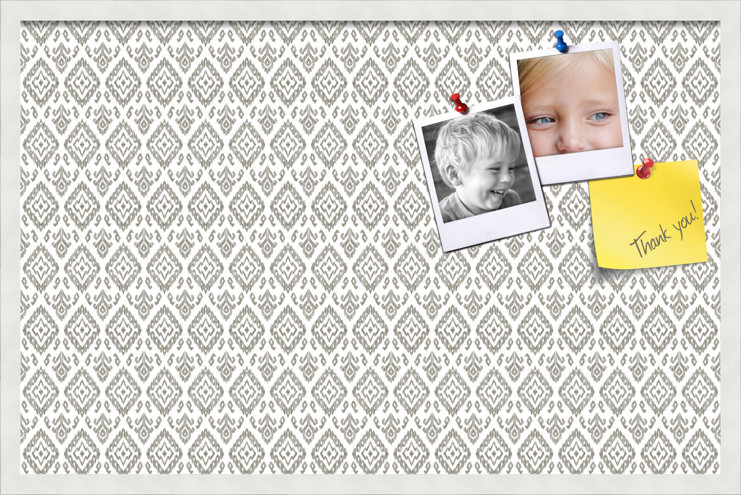 PinPix 34x22 Inch Cork Bulletin Board - Vintage Pewter Ikat Design with Satin White Frame | Wall Organizer for Home Office Decor, School Classroom, Dorm Room & Workspace (PinPix-1599)