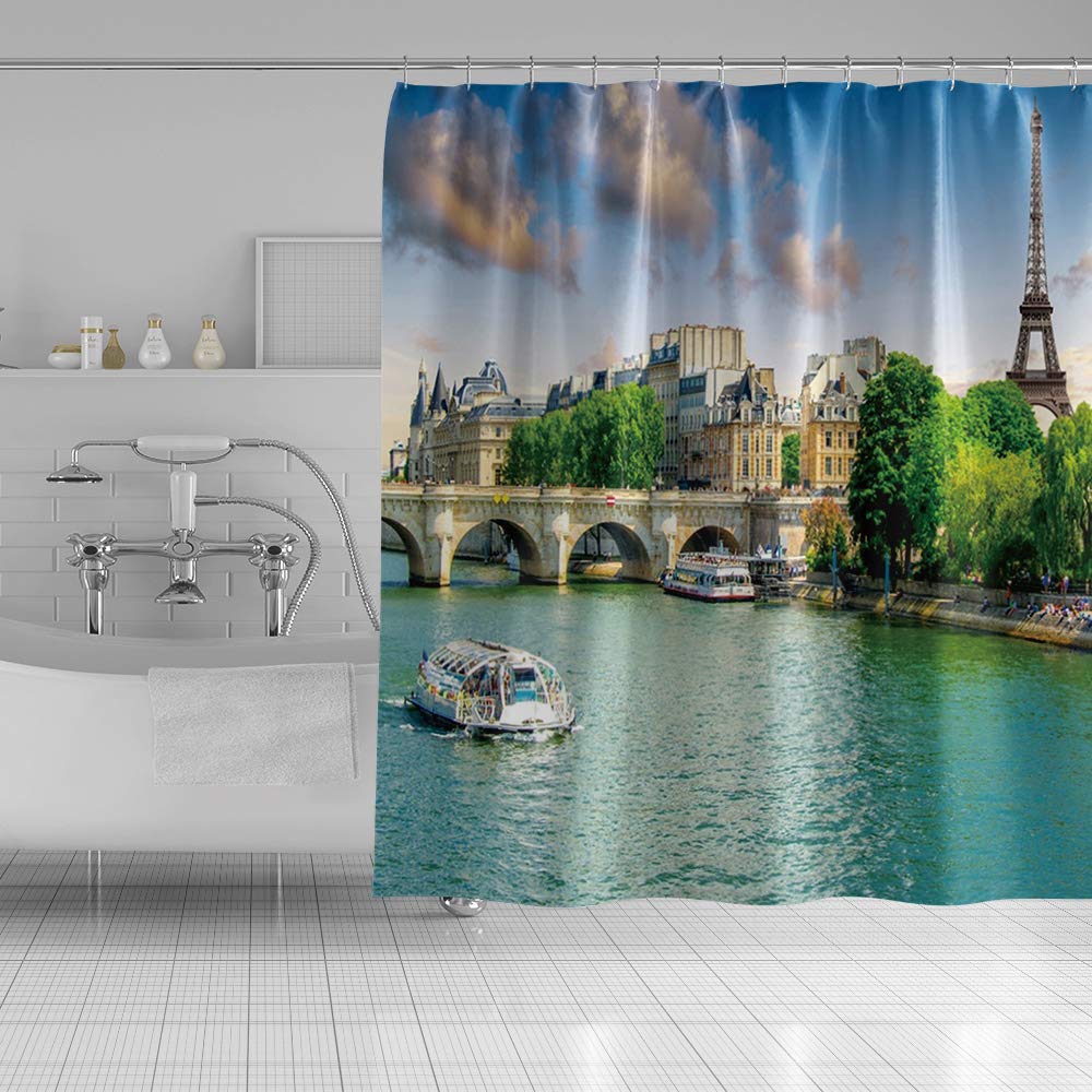 Paris Eiffel Tower Arch Bridge Scenic Polyester Shower Curtain with Hooks - European Travel Theme Bathroom Decor, Waterproof Bath Curtain 59x59 inches - Perfect for Vintage Style Bathrooms & French Inspired Home Decor
