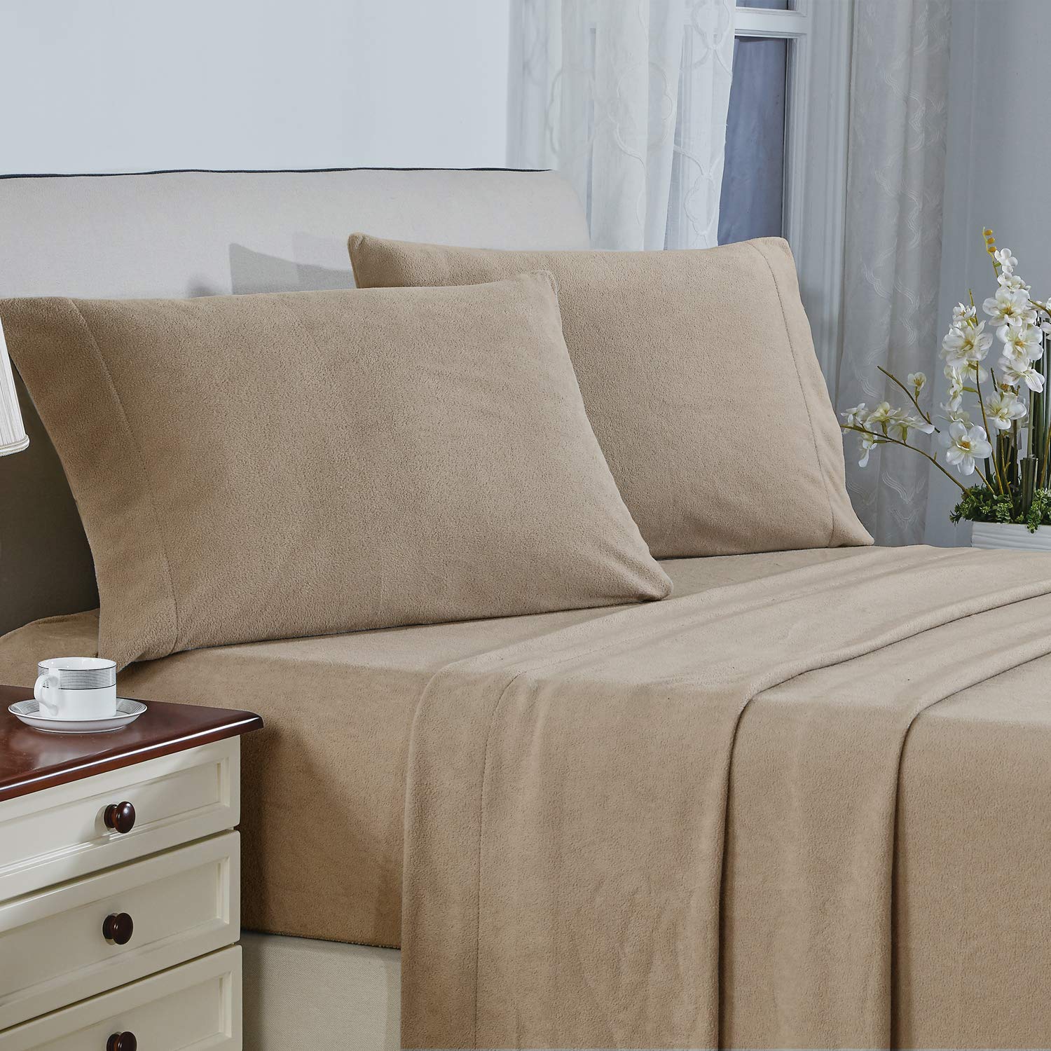 Viviland Ultra Soft Micro Fleece King Size Bed Sheet Set - Polar Fleece Velvet Winter Bedding with Deep Pockets - Warm Taupe Color - Perfect for Cold Weather & Cozy Nights - King