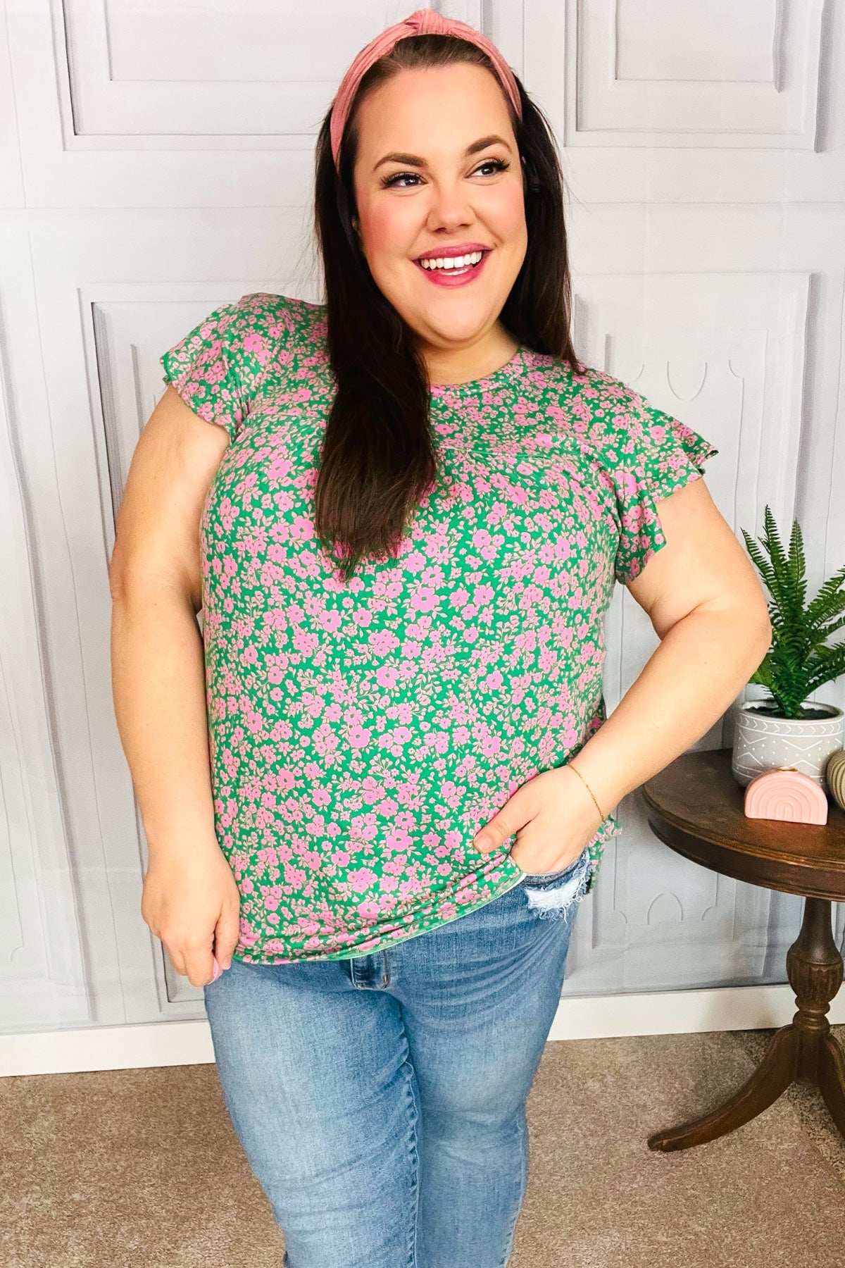 Dreamy Green & Pink Floral Ruffle Short Sleeve Blouse - Women's Boho Chic Yoke Top for Summer Outfits, Date Nights & Beach Vacations