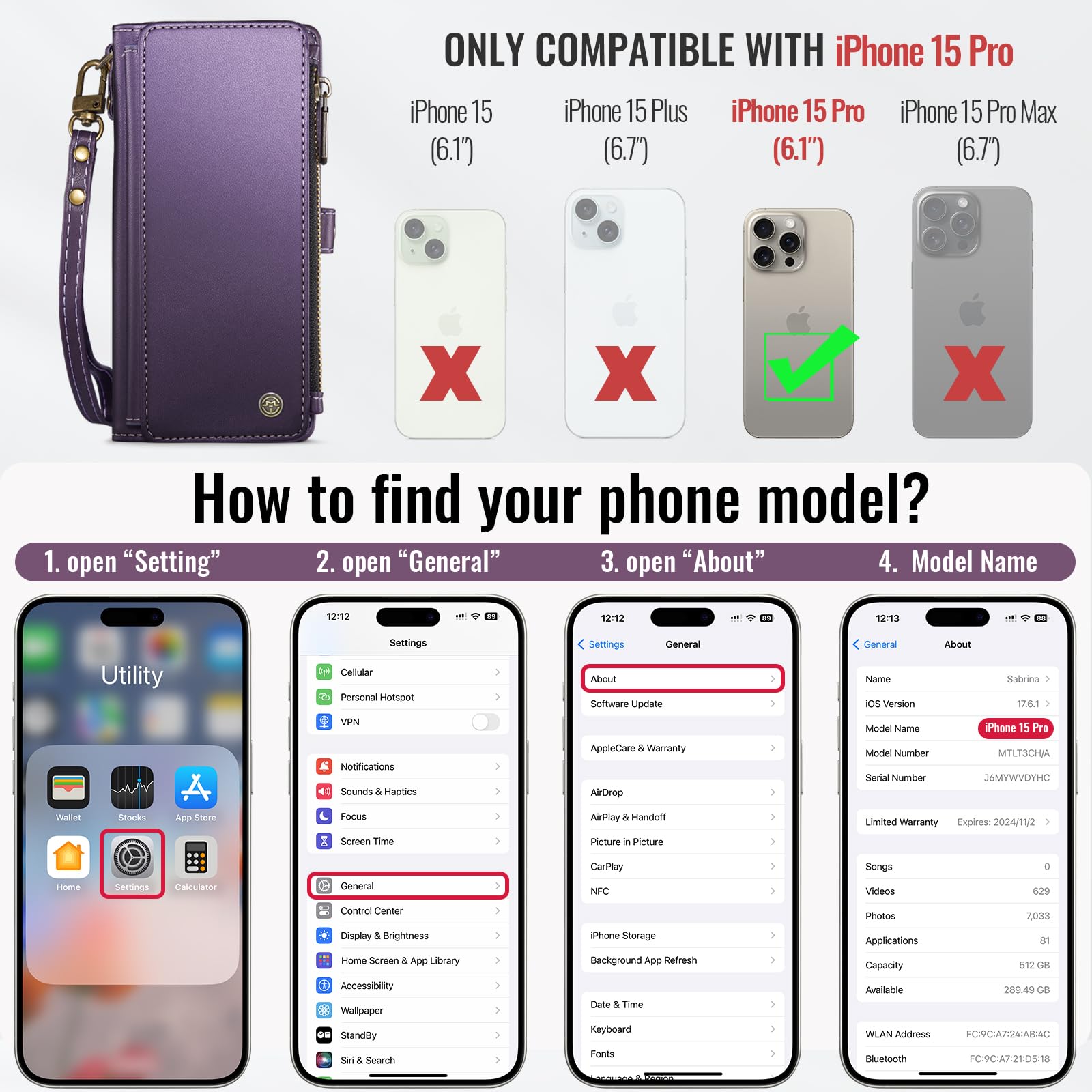 RFID Blocking PU Leather Wallet Case for iPhone 15 Pro (6.1