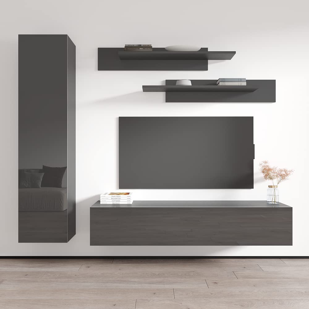 Modern Wall-Mounted TV Stand with Storage & LED Lights - Meble Fly G30 Entertainment Center for Living Room & Bedroom - Floating TV Console with Shelves (Gray) - Perfect for Small Spaces & Home Theater Setups