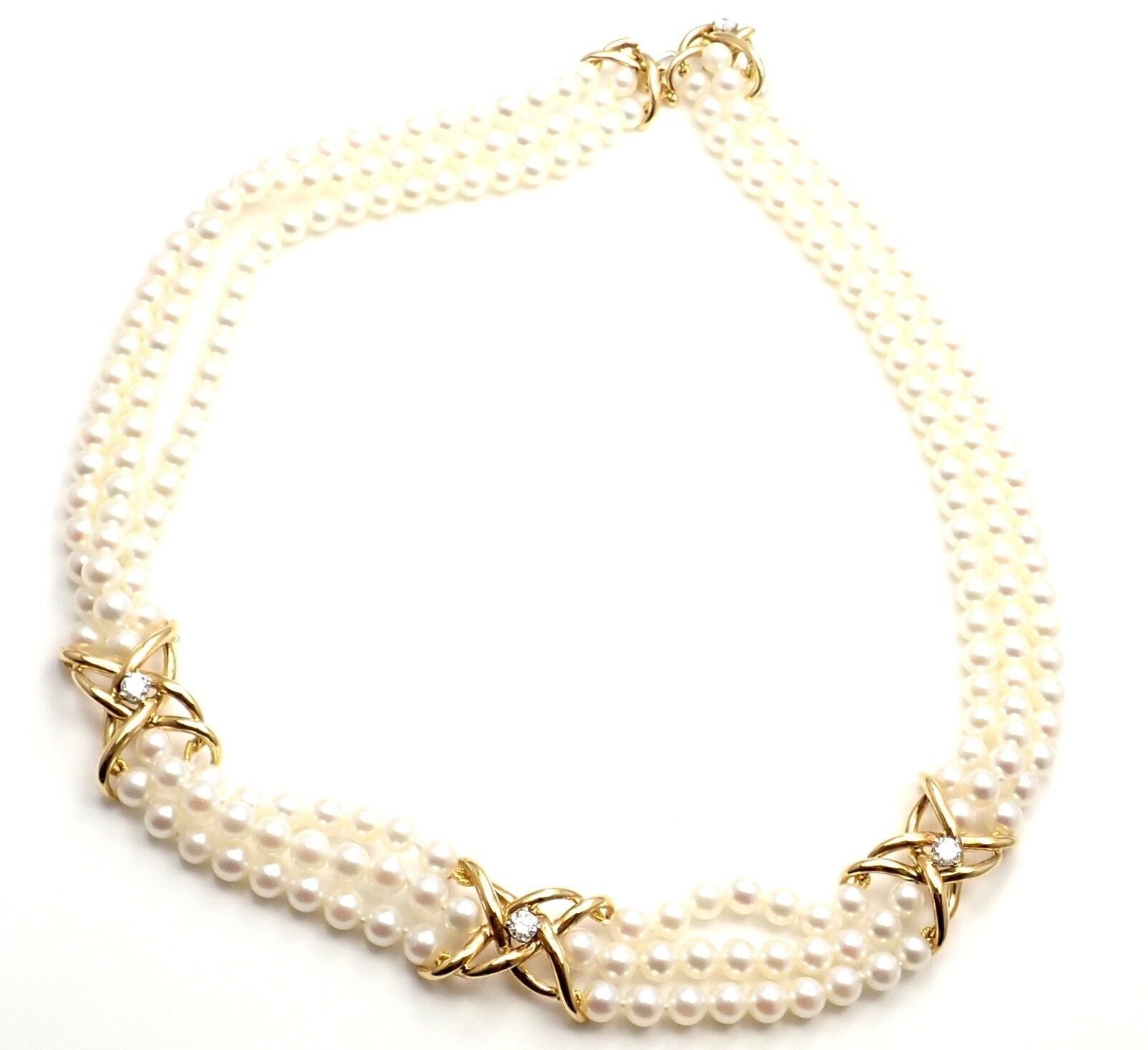 Authentic Tiffany & Co 18k Yellow Gold Diamond 3-Strand Pearl Necklace - Luxury Jewelry for Weddings, Anniversaries & Special Occasions