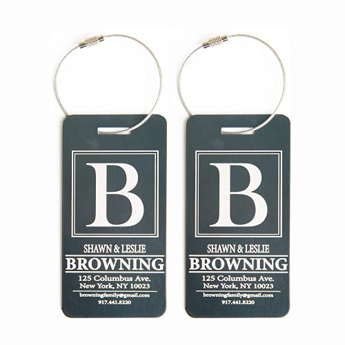Personalized Metal Luggage Tags Set of 2 - Engraved Name Travel Bag Tags for Suitcases (Browning Design, Forest) | Unique Gift for Travelers, Stocking Stuffers & Vacation Essentials