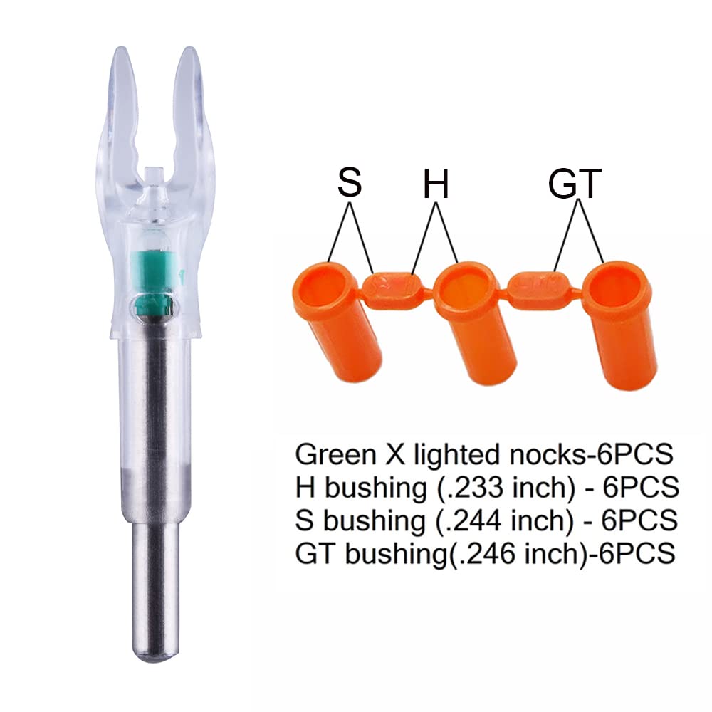 Green LED Lighted Archery Nock for Arrows - 6 Pack with Screwdriver - Fits .204