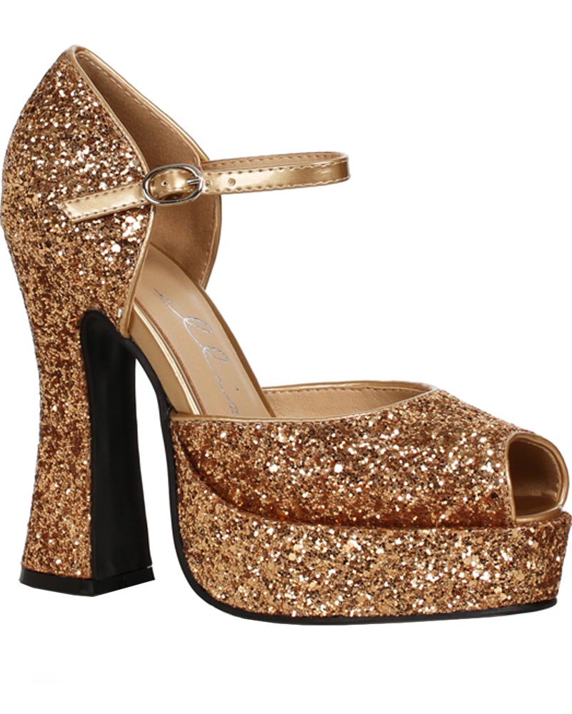 70s Gold Glitter Sparkle Chunky Heel With Ankle Strap - Vintage Women's Platform Shoes for Party, Disco, and Retro Fashion Outfits