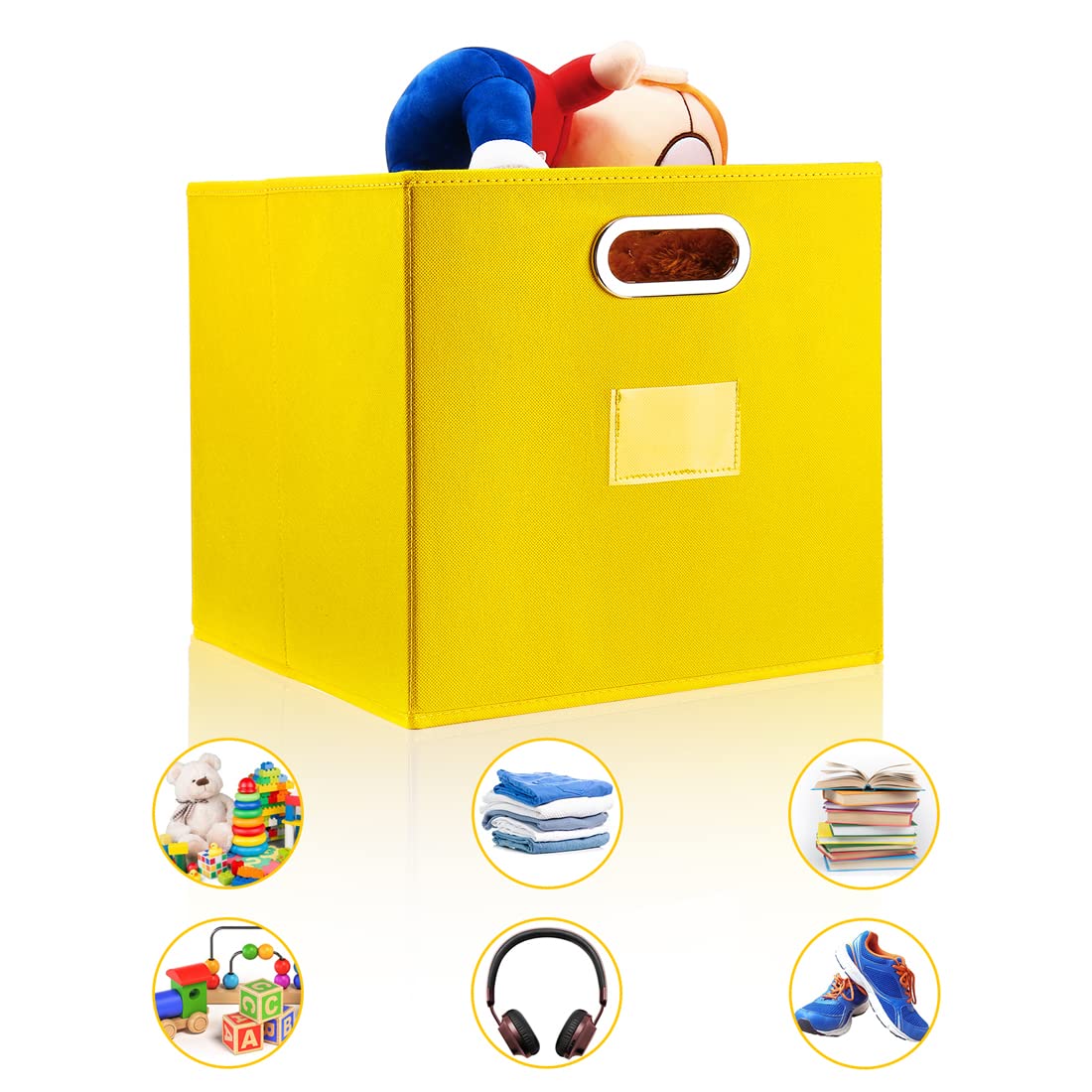 Robuy 13 Inch Cube Storage Bins - 4-Pack Yellow Plastic Organizing Boxes with Dual Metal Handles for Shelves, Closet, Nursery & Home Organization - Perfect for Toy Storage, Kids Room & Office Supplies