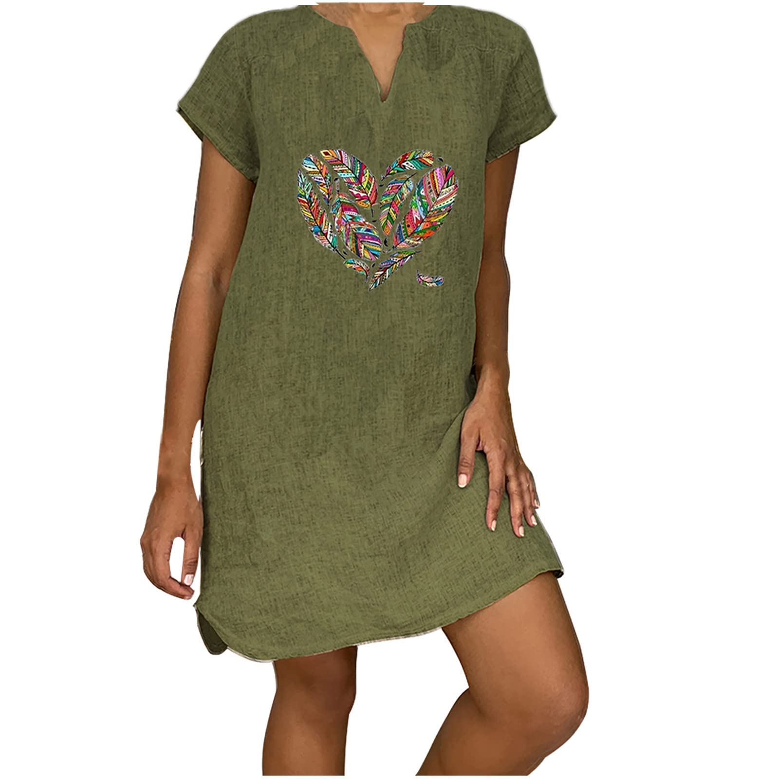 Women's Cotton Linen Summer Dress - Short Sleeve V-Neck Casual Mini Shift Dress for Vacation & Beach | Breathable Solid Color Sundress for Hot Weather