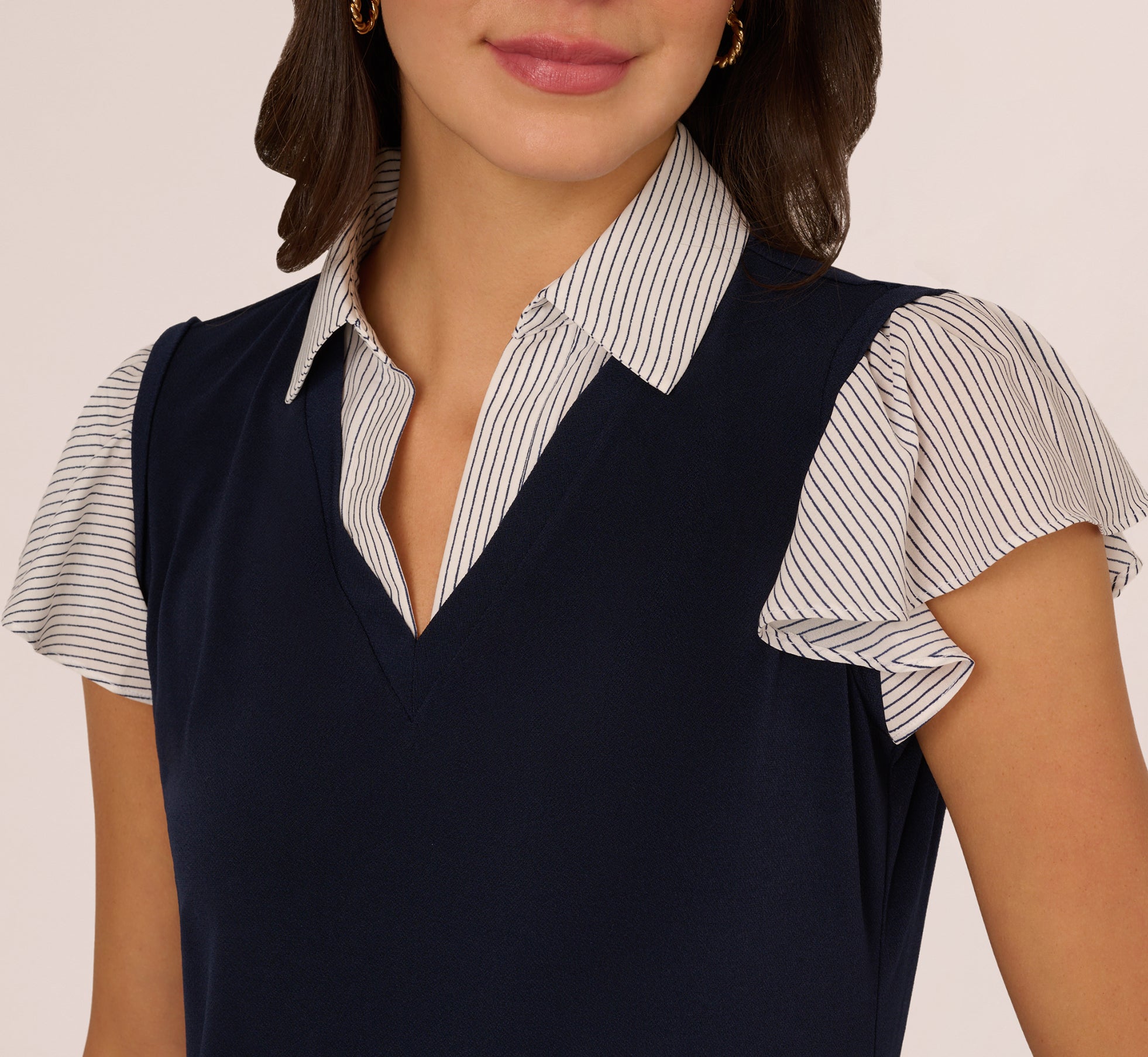 Navy Striped Flutter Sleeve Sweater Vest Top for Women - Crosshatch Stripe Design - Perfect for Casual Outfits, Layering & Office Wear