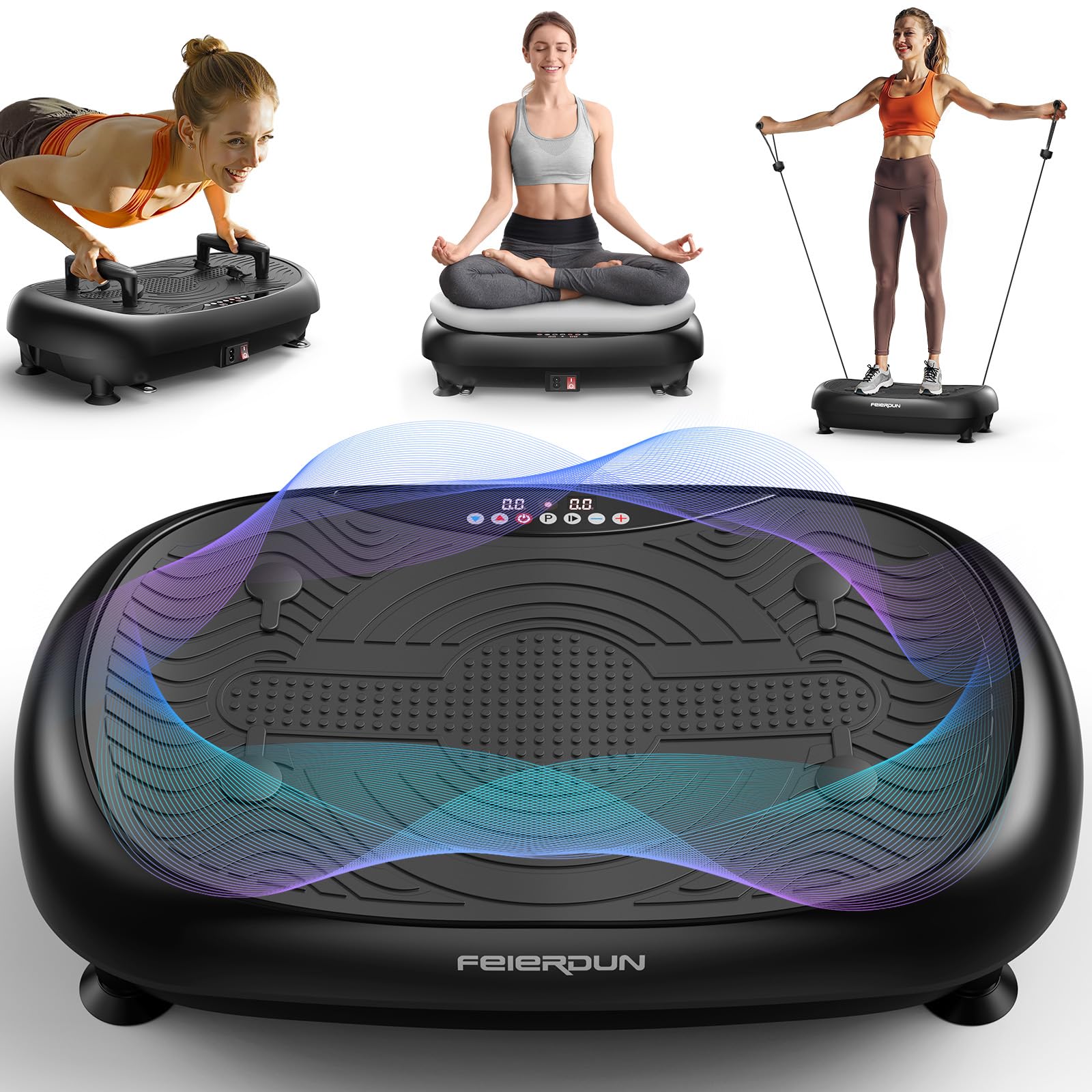 FEIERDUN Vibration Plate Exercise Machine - Whole Body Workout for Lymphatic Drainage, Weight Loss & Fitness - Includes Inflatable Cushion, Push-up Handles & 2 Resistance Bands - Perfect for Home Gym, Physical Therapy & Post-Workout Recovery