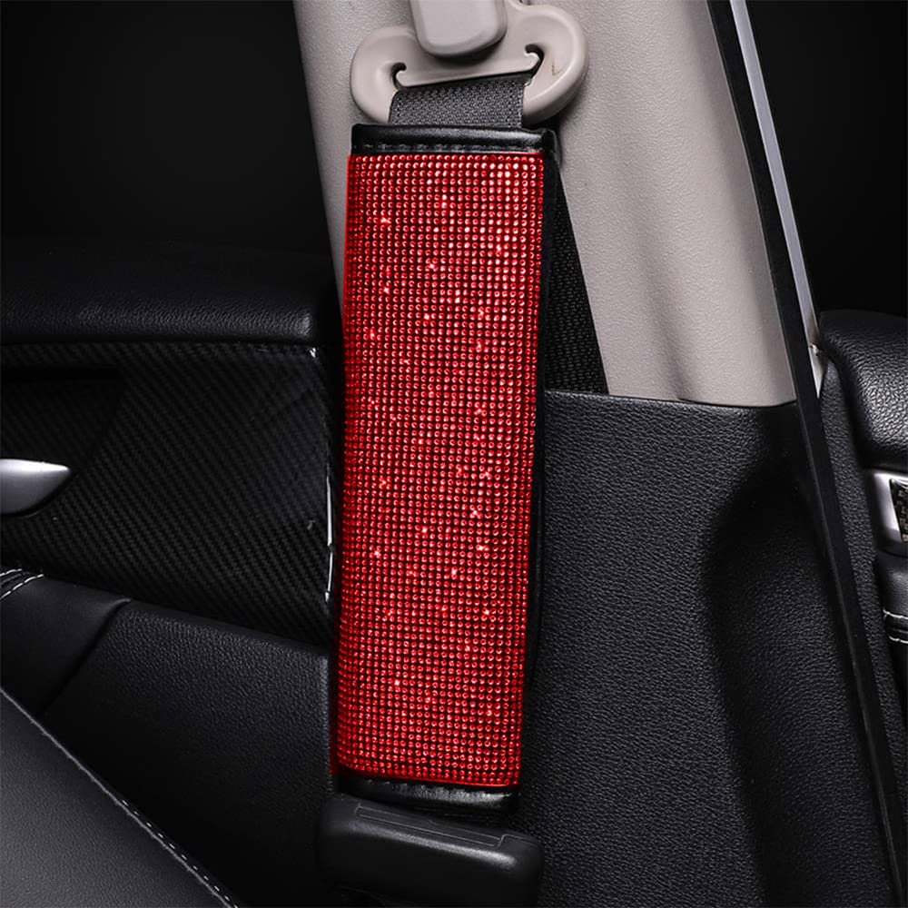 2PCS Crystal Diamond Car Seat Belt Covers - Bling Bling Shoulder Pads for Women & Girls (Red) | Comfort & Style for Commuting, Road Trips & Daily Driving