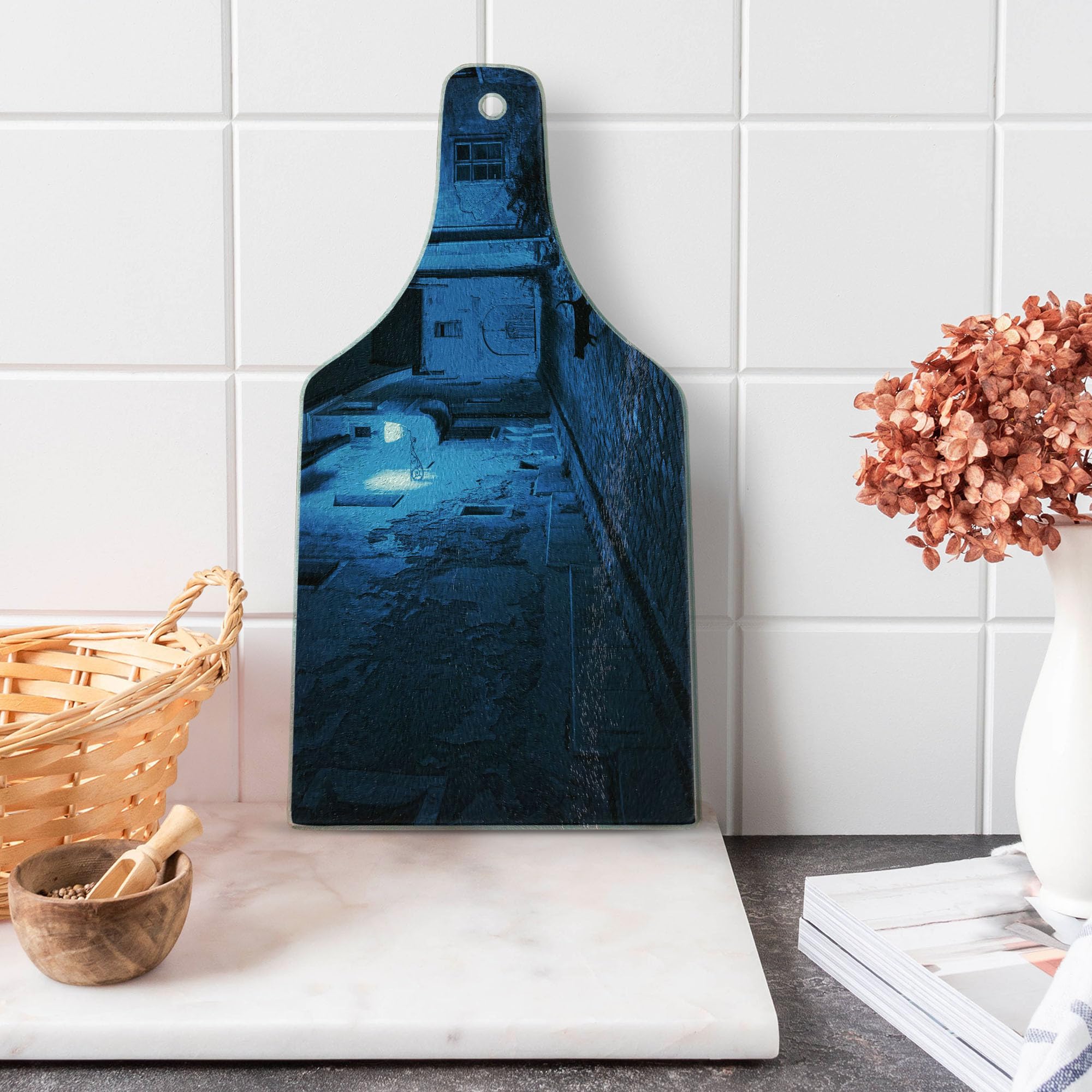 Ambesonne Urban Themed Cutting Board - Black Cat in Deserted European Alley Night Scene, Tempered Glass Serving Board for Kitchen & Entertaining, Wine Bottle Shape in Blue, Black & White - Perfect for Cheese Platters, Charcuterie & Wine Pairings
