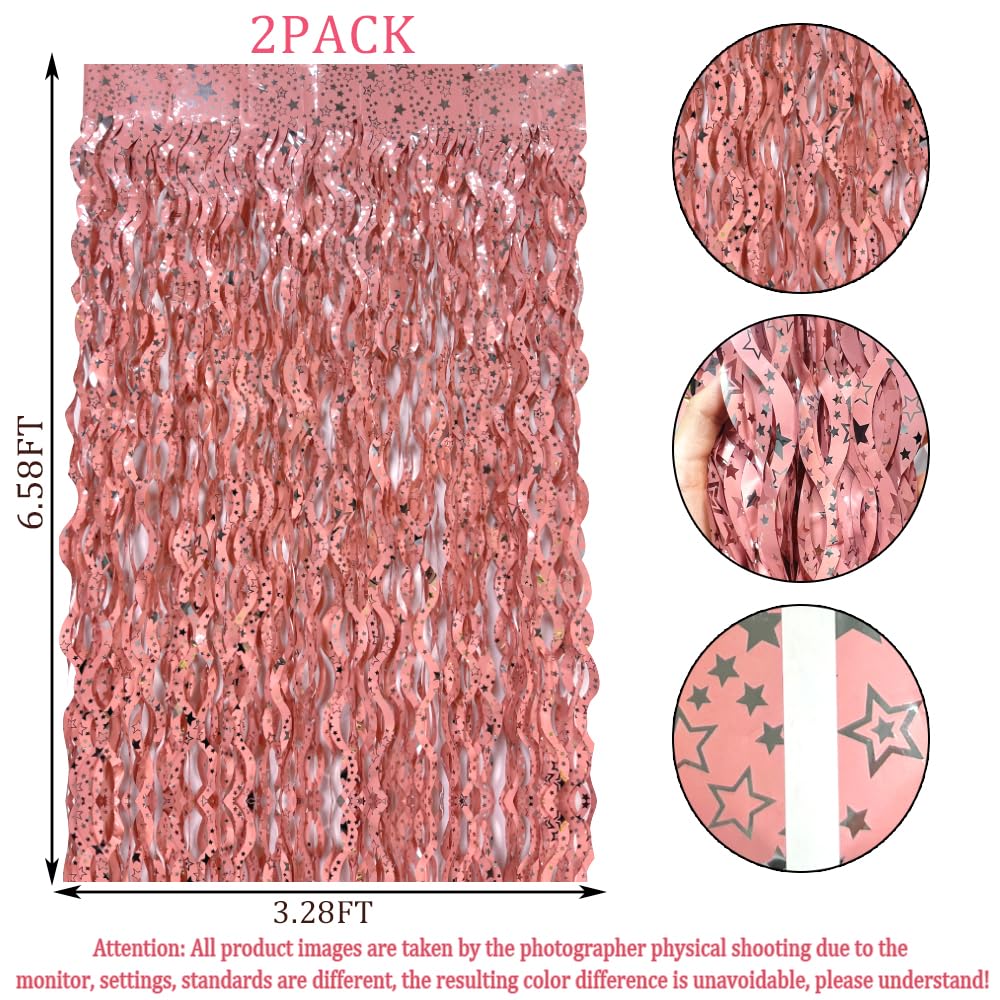 2 Pack Rose Gold Bachelorette Party Decorations - Foil Fringe Curtains & Wavy Backdrop for Birthday, Bridal Shower, Wedding, Baby Shower - Elegant Rose Gold Streamers for Women's Party Decor