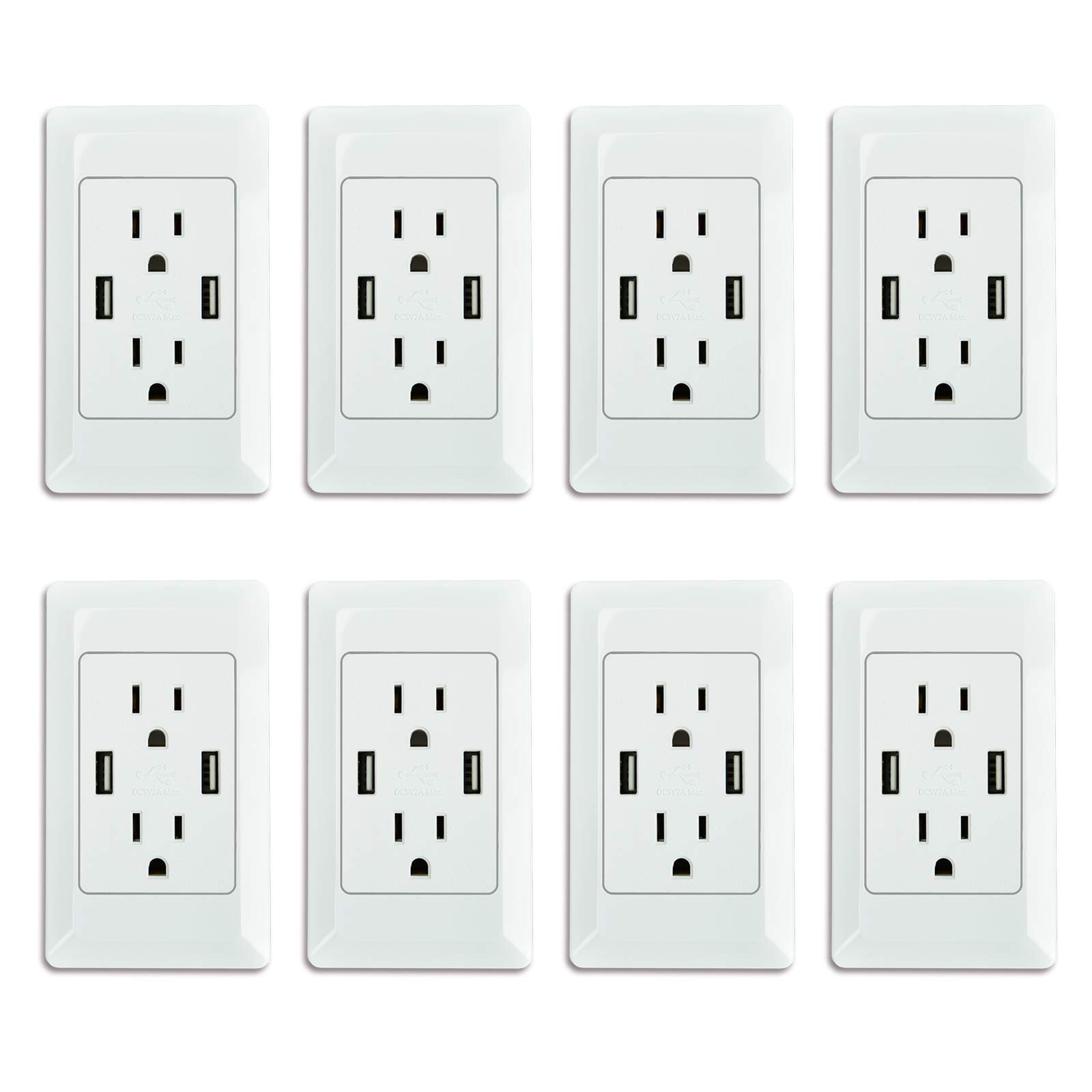 NineLeaf 8 Pack USB Wall Outlet Charger - Dual 2.4A High-Speed USB Ports & 20A Duplex Receptacle with Smart Chip, ETL Listed, White Wall Plate Included - Perfect for Home, Office, Bedroom and Kitchen Charging Stations