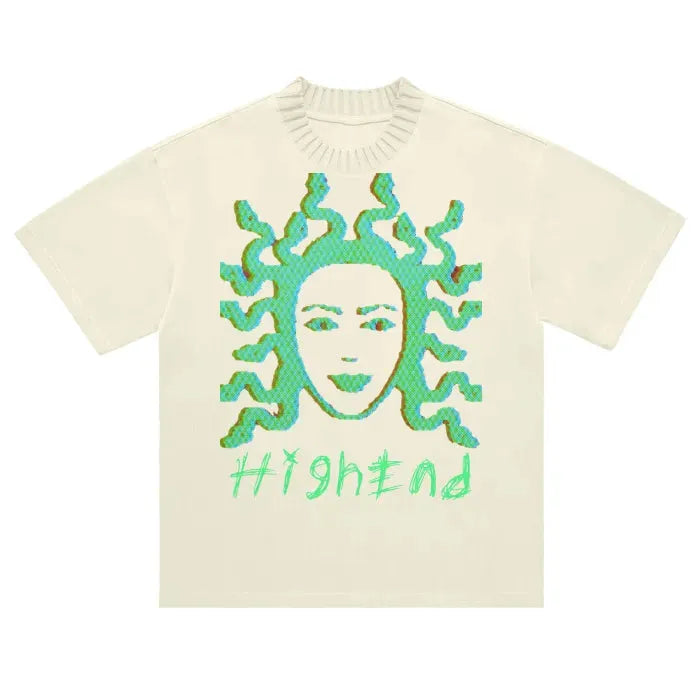 Premium Medusa Print Heavyweight Knitted Round Neck T-Shirt - 305 GSM Cotton Tee for Men | Streetwear Fashion & Gothic Style Clothing