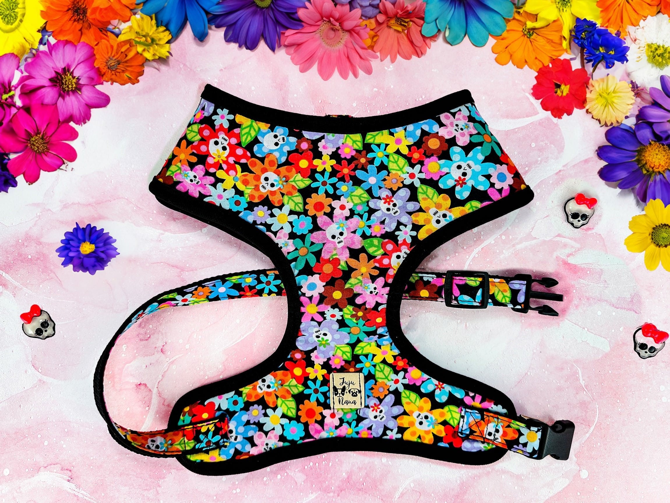 **Rainbow Skulls & Flowers Dog Harness Set - Adjustable Pet Vest for Small & Medium Dogs - Perfect for Walking, Hiking & Outdoor Adventures**
