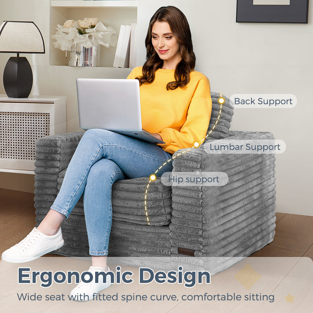 MAXYOYO Oversized Bean Bag Chair - Grey Striped Faux Fur Floor Sofa with Removable Pillows & Armrests - Perfect for Living Room, Bedroom, Game Room and Dorm Lounge