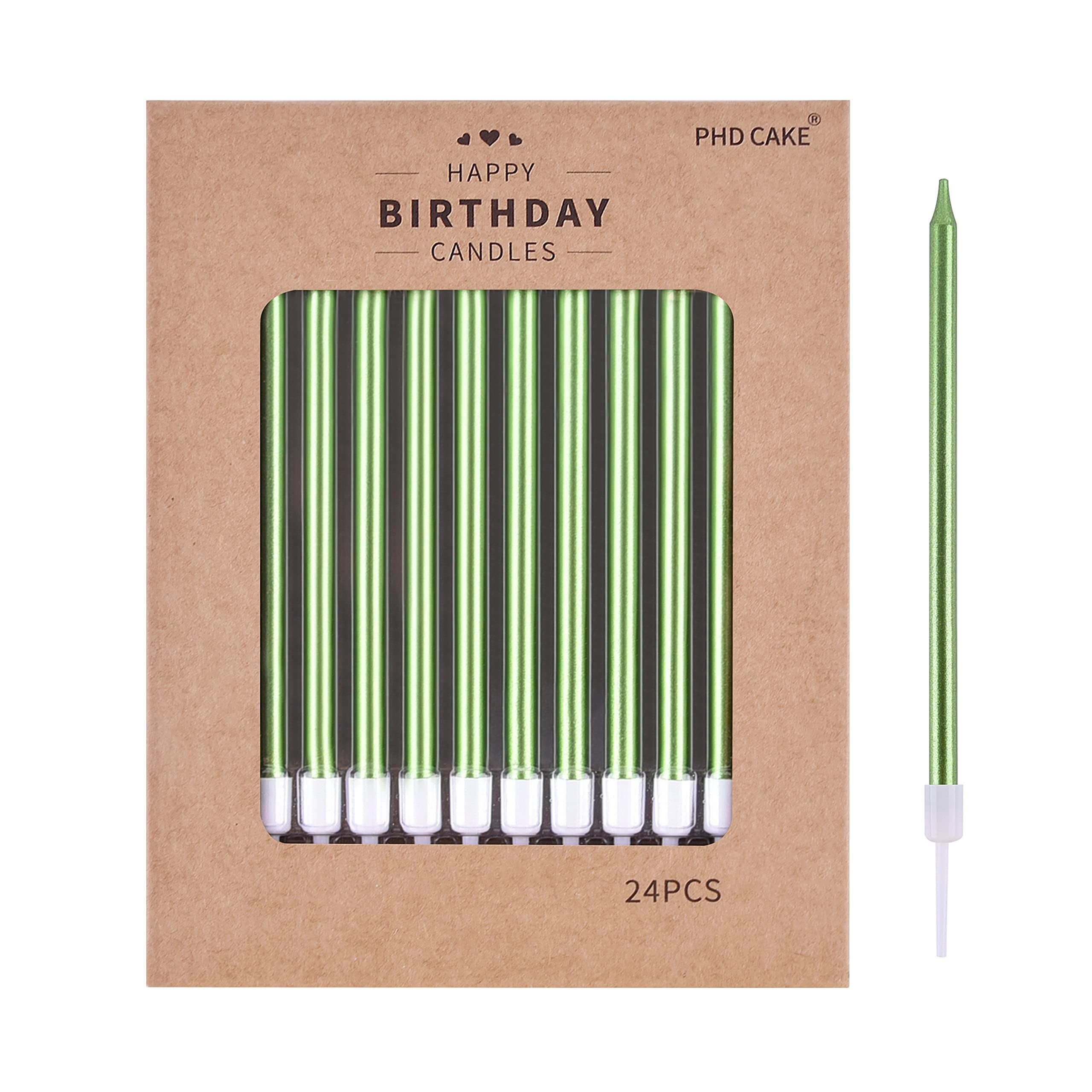 PHD CAKE Green Long Thin Metallic Birthday Candles - 12 Pack Elegant Cake Candles for Birthday Parties, Wedding Decorations & Special Events - Perfect for Cakes, Cupcakes and Dessert Tables