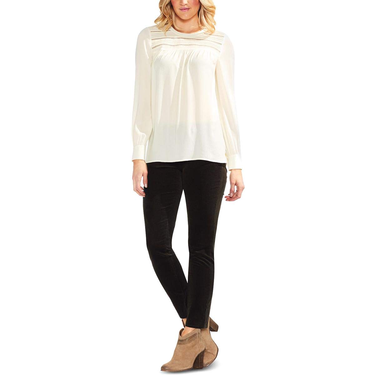 VINCE CAMUTO Women's Crochet-Trim Blouse - Floral Print Short Sleeve Shirt Top for Casual Wear, Office & Summer Outfits