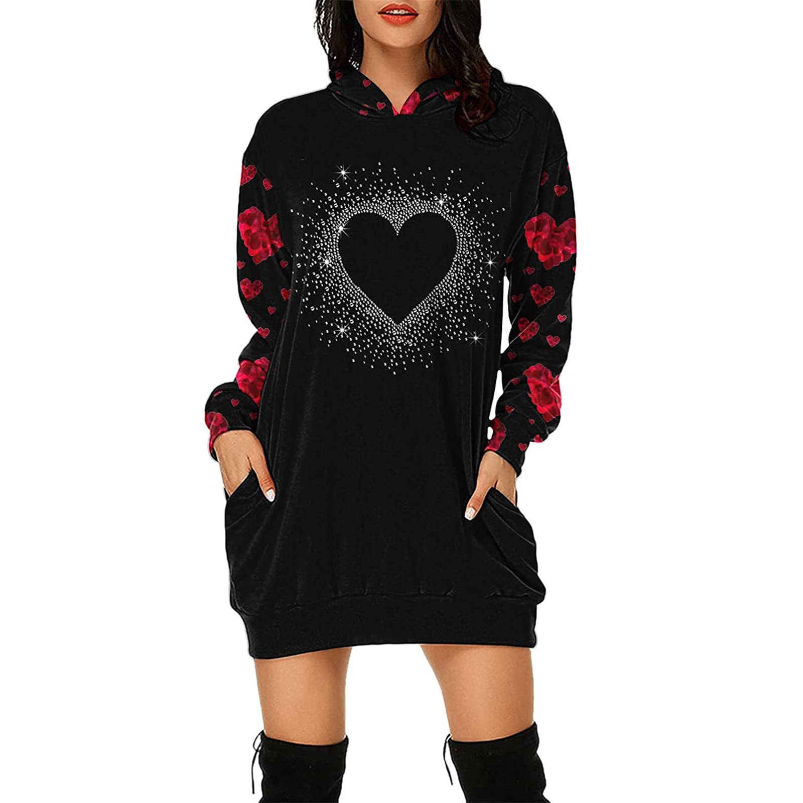Women's Long Sleeve Hooded Dress with Heart Print - Valentine's Day, Summer & Fall Fashion for Date Nights, Parties & Casual Outings
