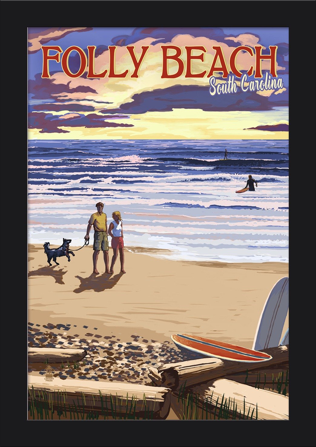 12x18 Folly Beach South Carolina Sunset Surfers Giclee Fine Art Print - Recycled Wood Black Frame - Perfect for Coastal, Beach House & Surfing Theme Decor