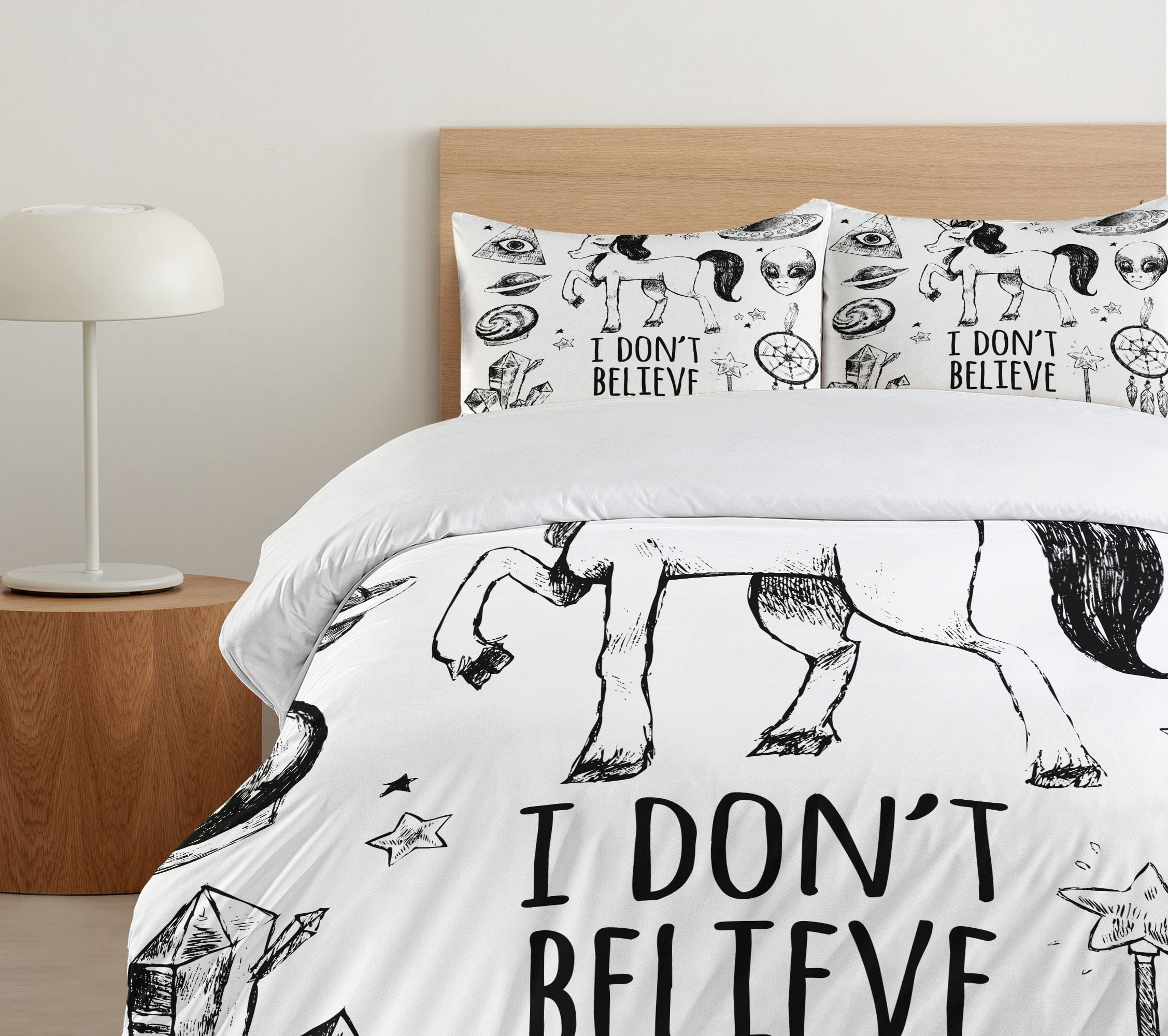 Ambesonne Unicorn Duvet Cover Set - 3 Piece Bedding with 2 Pillow Shams, California King Size, Black - Fantasy Art Print with Pyramids, Aliens & Planets - Perfect for Kids' Rooms, Themed Bedrooms & Unique Home Decor