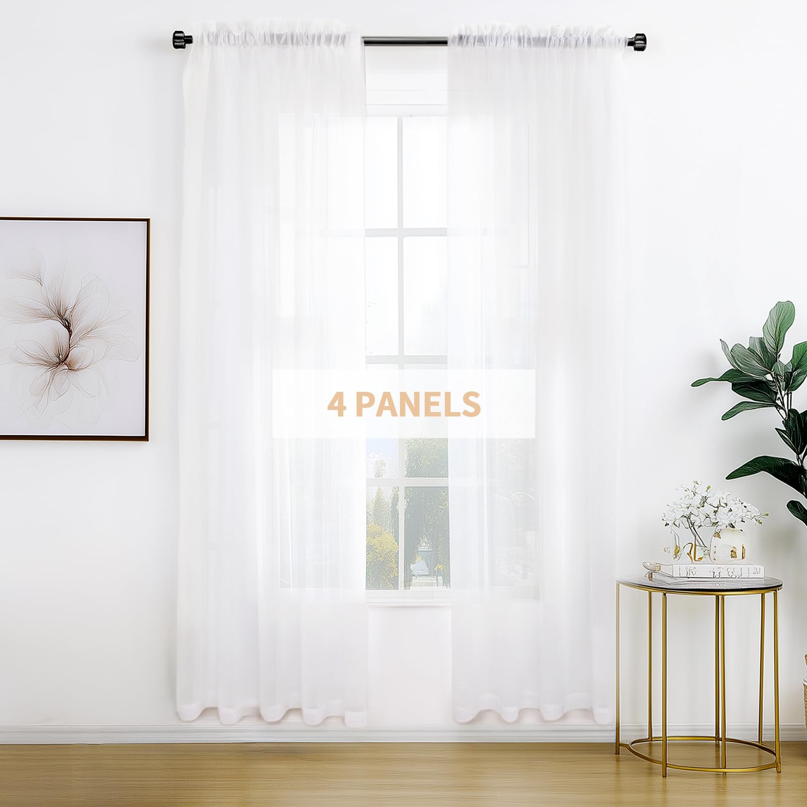 Anjee 4 Panels White Sheer Curtains for Small Windows - Translucent Voile Drapes with Rod Pocket, Semi-Transparent Gauze Sheer Curtains for Bedroom, Living Room, Dining Room & Kitchen (38