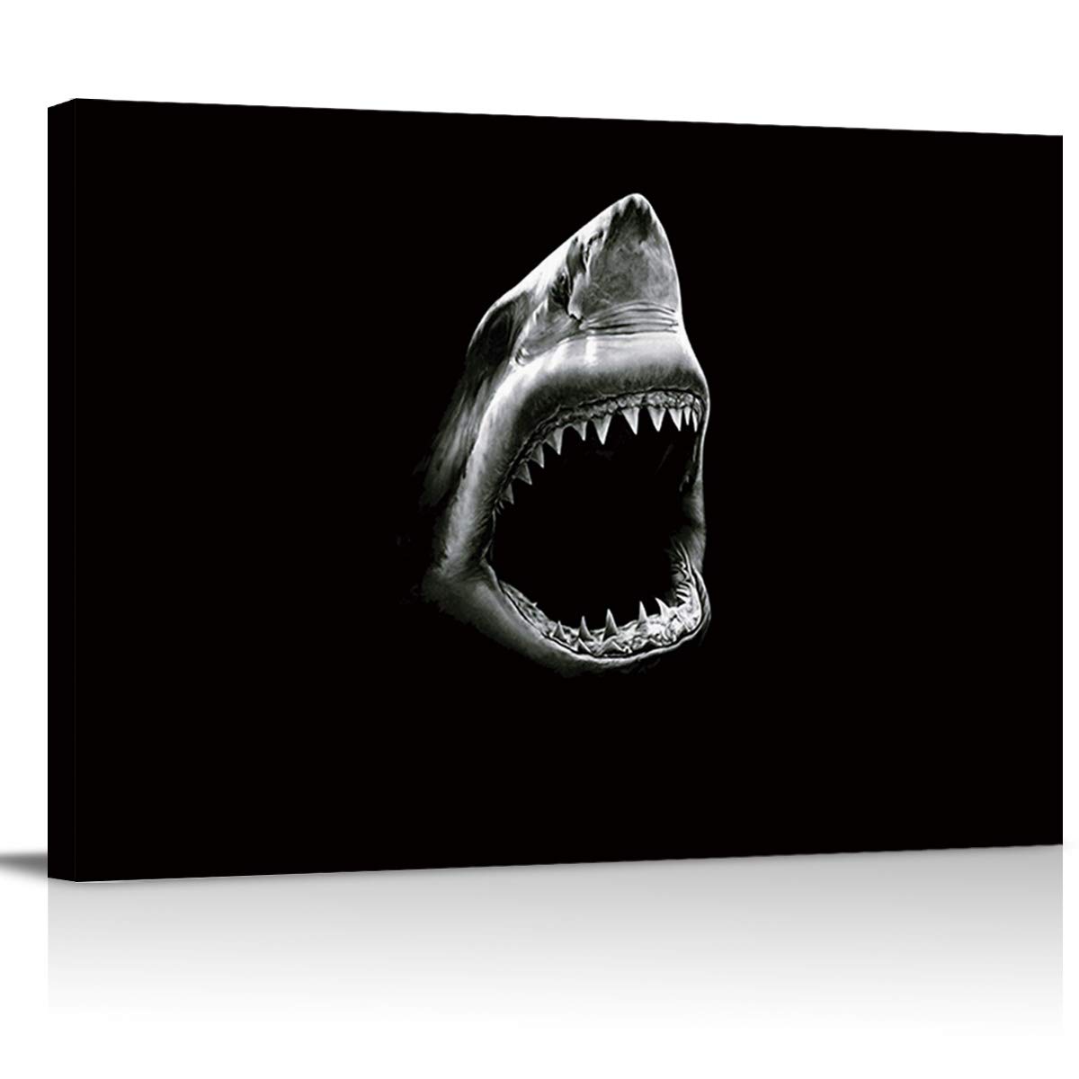 Premium Shark Canvas Wall Art - Black Base with Sharp Teeth - Stretched & Framed Ready to Hang - 24x36 Inch - Modern Home Decor for Living Room, Bedroom, Office - Perfect for Coastal, Nautical or Marine Theme Interiors