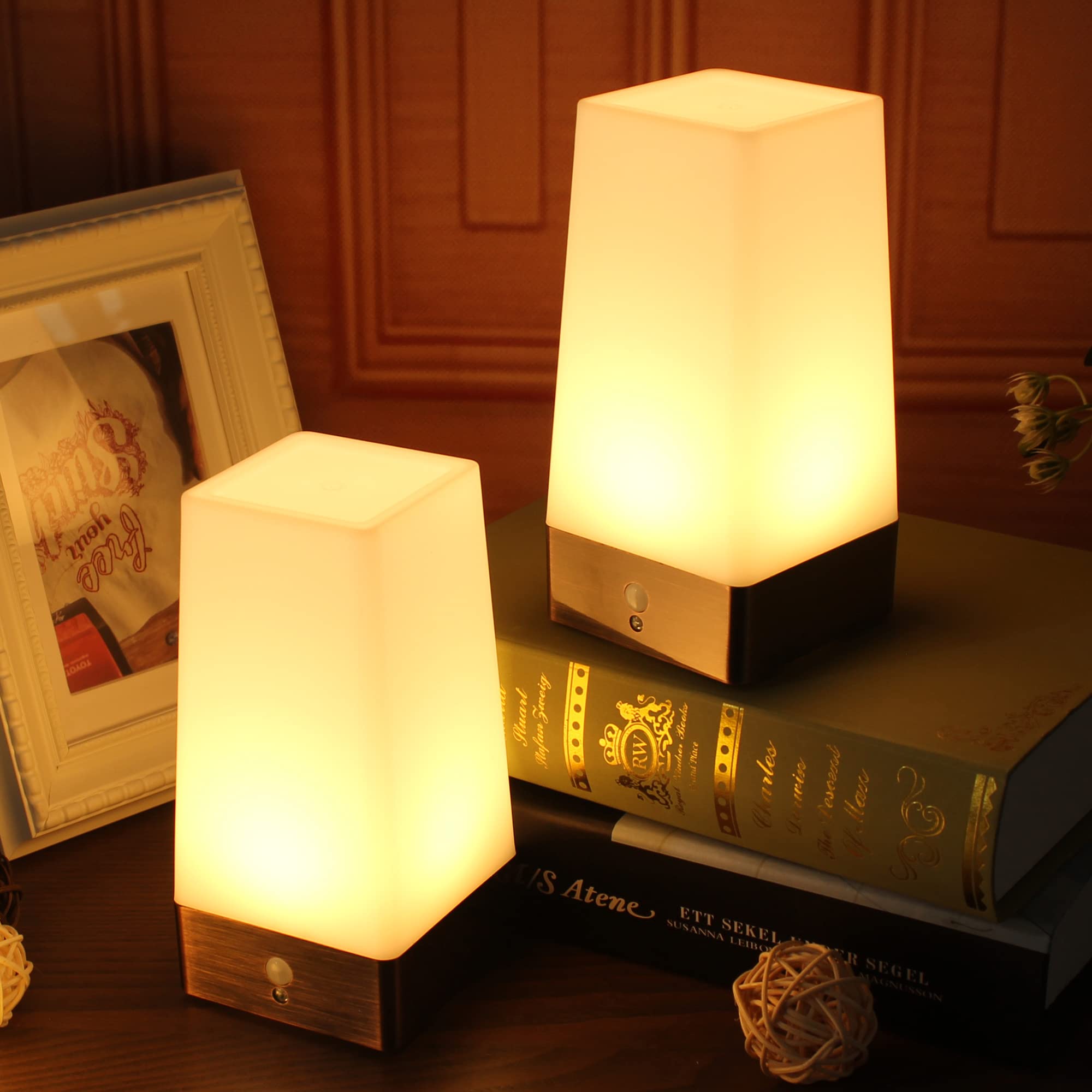 2-Pack Square Retro LED Night Light with Wireless PIR Motion Sensor - Battery Powered Bedside Lamp for Living Room, Bedroom, Bathroom, Hallway & Kitchen - Perfect for Nighttime Safety and Convenience