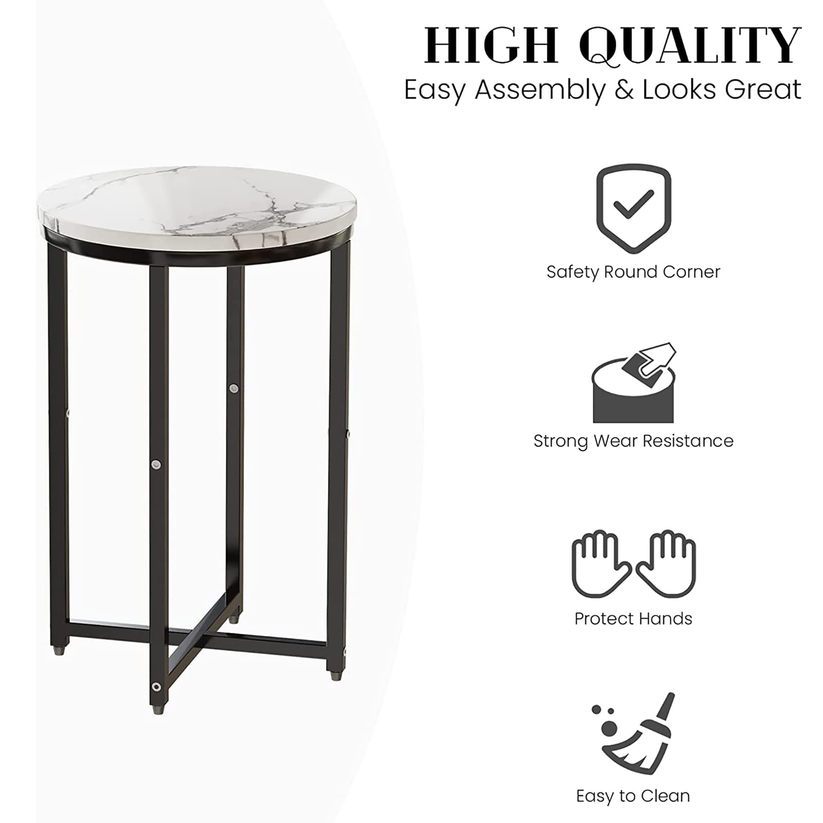 Modern End Table Set of 2 - Faux Marble Top Side Tables with Sturdy Metal Frame - Small Coffee & Snack Tables for Living Room, Bedroom, Balcony - Perfect Accent Tables for Small Spaces & Home Decor