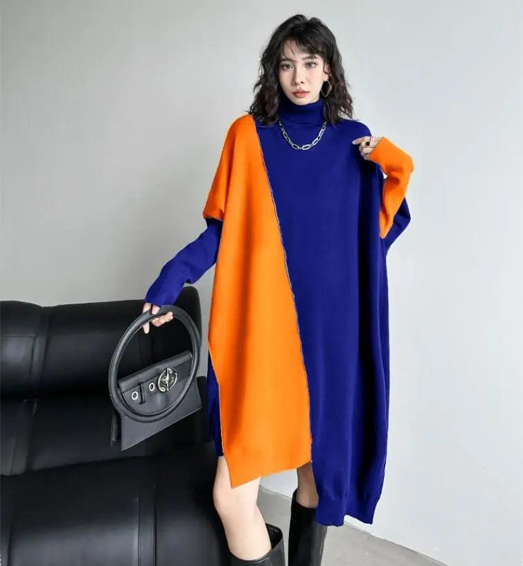 Stylish Winter Sweater Dress with Long Bat Sleeves & Color Block Design | Warm Knit Dress for Women | Perfect for Holiday Parties, Office Wear & Casual Outings