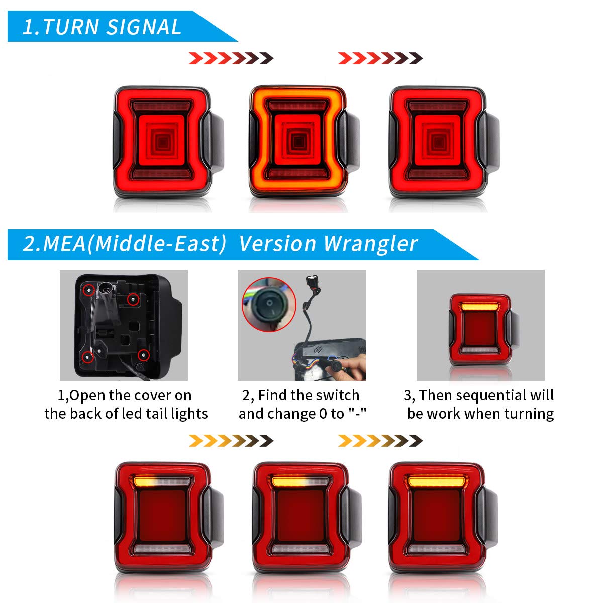 VLAND LED Tail Lights for Jeep Wrangler JL & JLU (2018-2020) - Compatible with Sport, Sahara, Rubicon & Moab Models - Dynamic Animation Red Rear Lamp Assembly with Tunnel Light - Perfect for Off-Roading & Night Driving