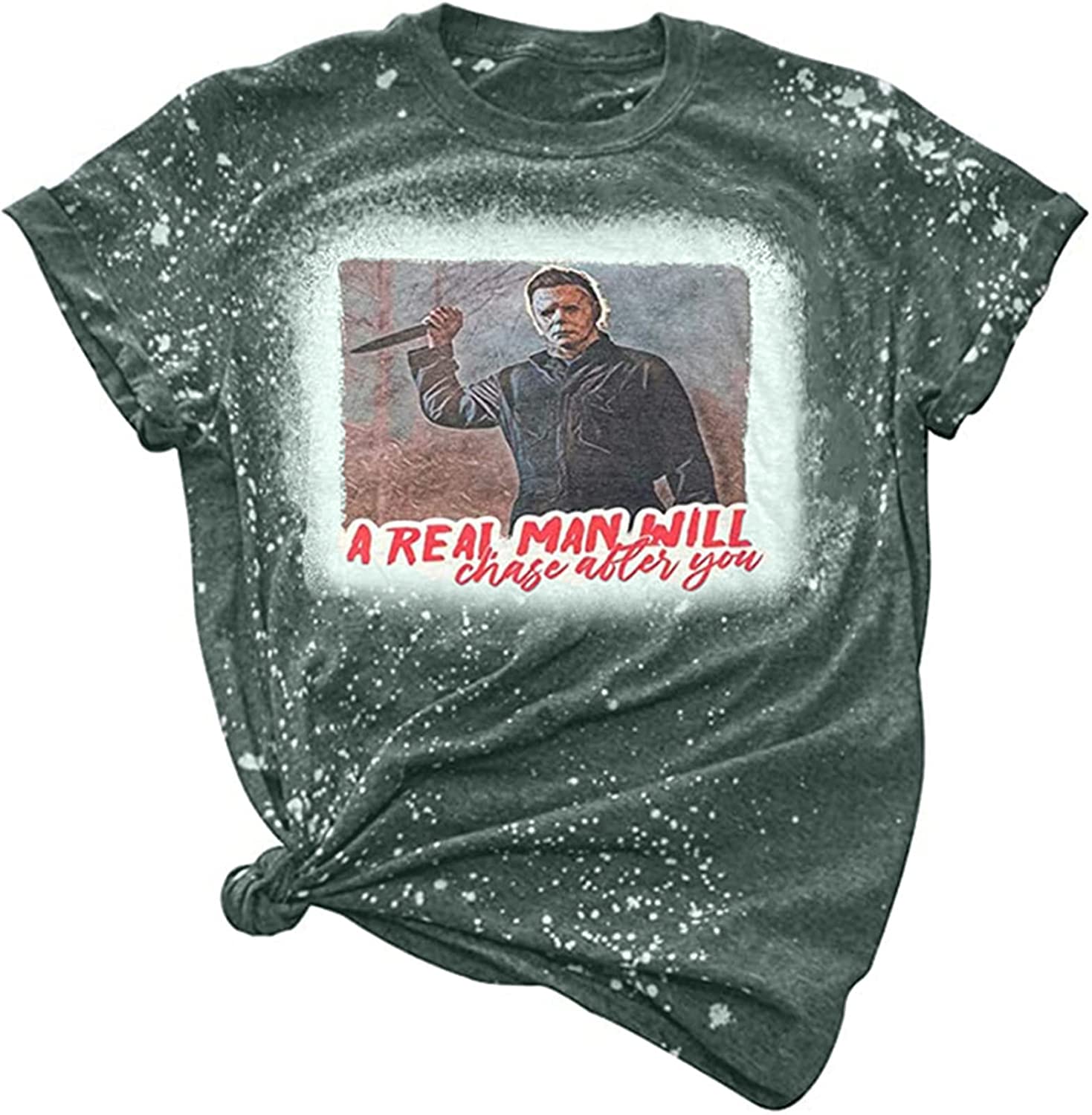 Michael Myers Horror Movie Graphic T-Shirt for Women - Funny Halloween Novelty Bleached Tee with Letter Print - Perfect for Halloween Parties, Cosplay & Horror Movie Nights