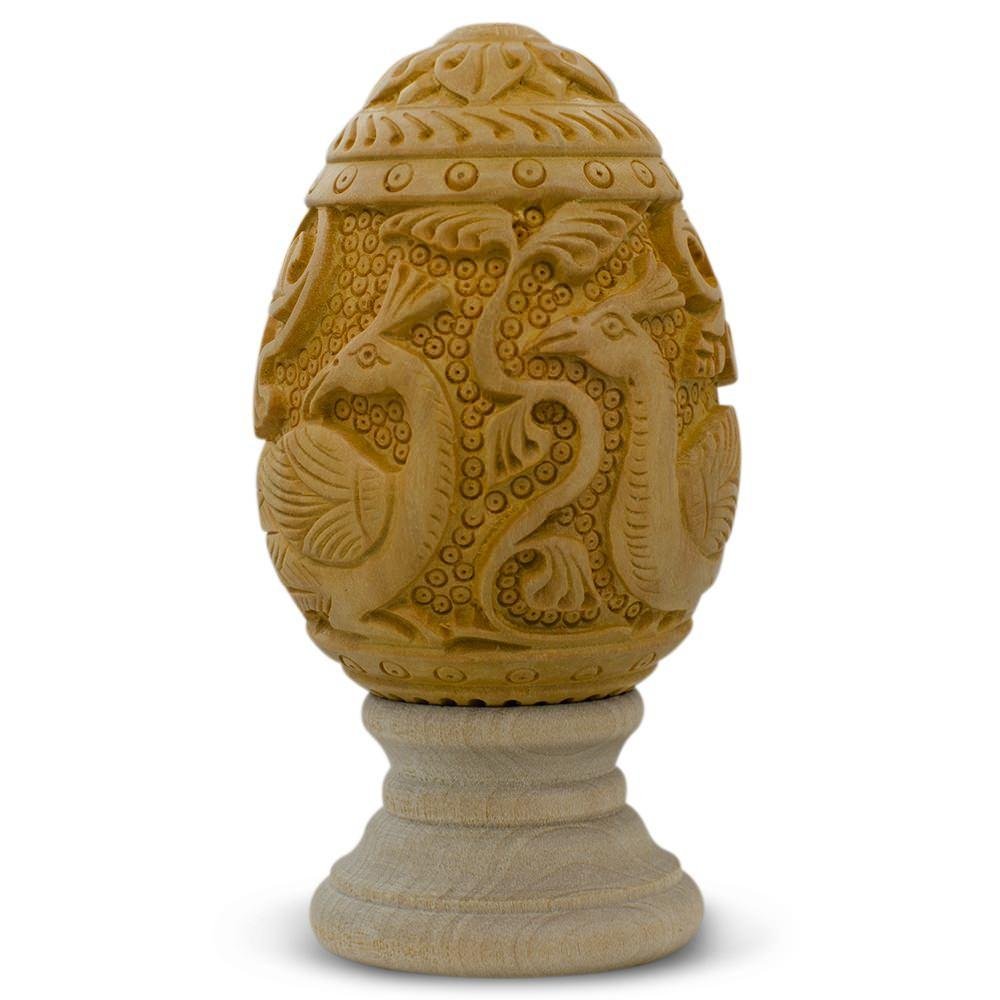 Hand Carved Peacock Wooden Easter Egg - 3 Inch Ukrainian Pysanky Art for Easter Decorations & Holiday Gifts