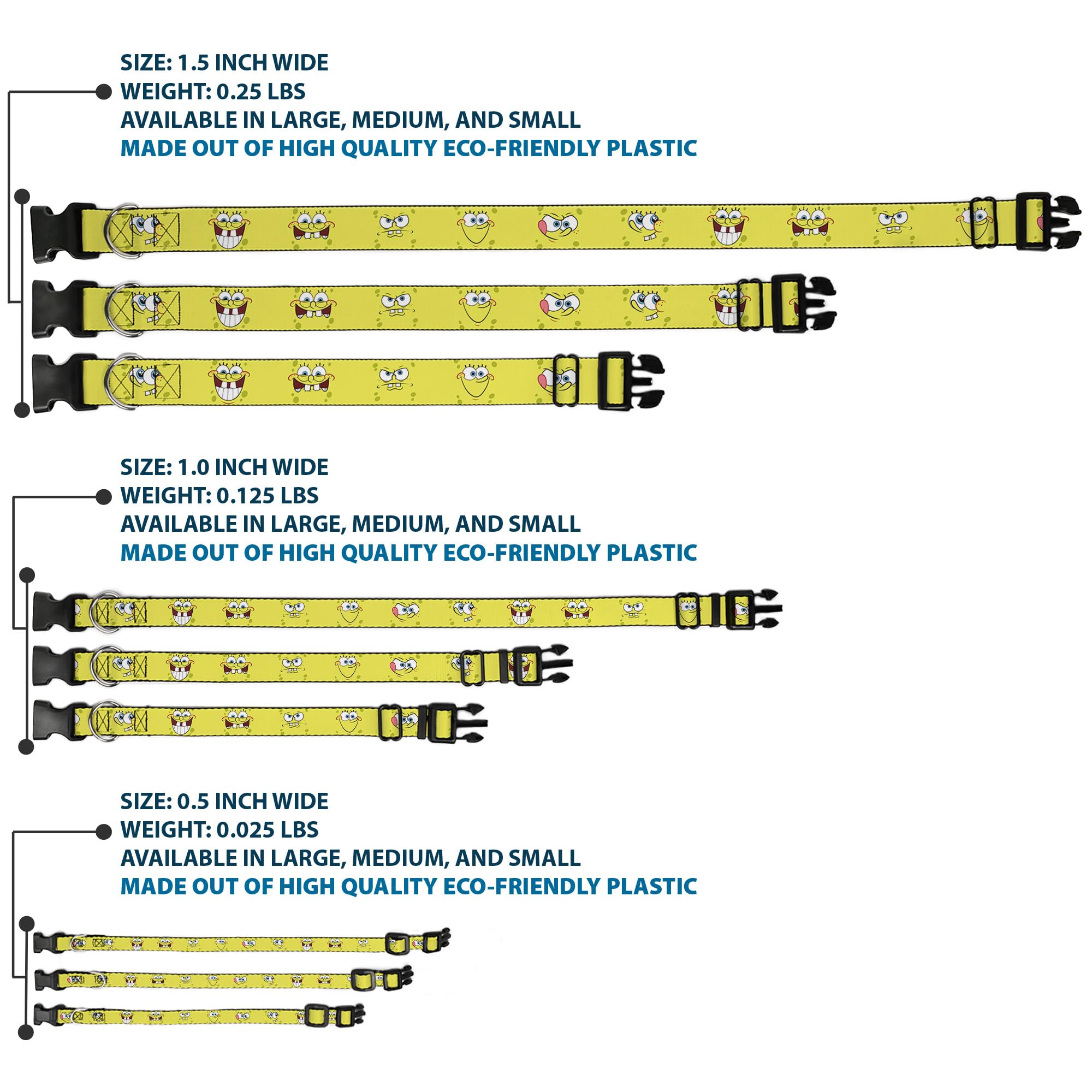Buckle-Down Spongebob Expressions Dog Collar - 1.5 Inch Wide Adjustable (16-23 Inches) - Durable Plastic Clip for Small to Medium Dogs - Perfect for Daily Walks, Training & Cosplay