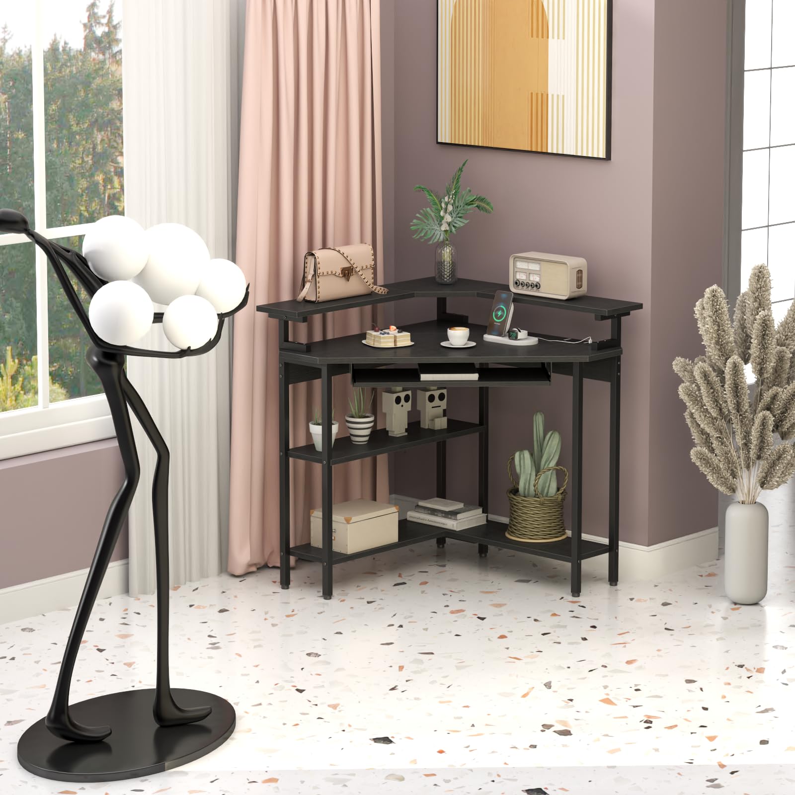 Corner Desk with Charging Station & LED Light - Triangle Computer Desk with Monitor Stand, Keyboard Tray & Storage Shelves for Small Spaces - Perfect for Home Office, Gaming Setup & Workstation (Black)