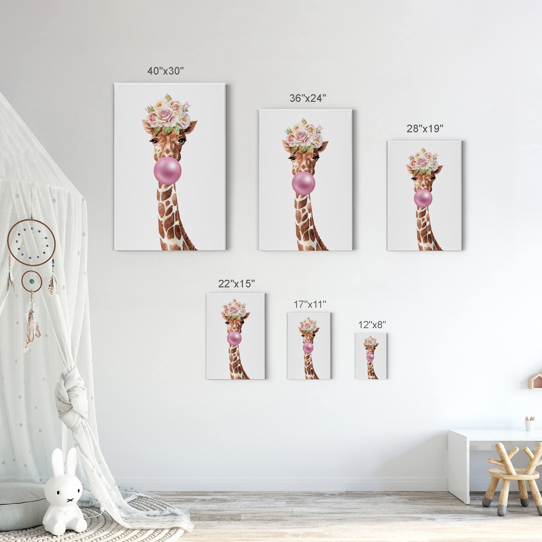 Giraffe Portrait Canvas Print Set - 2 Panel Animal Wall Art with Flower Crown, Hat & Bubble Gum, Perfect for Living Room, Bedroom, Nursery & Kids Room Decor (22x15 Inches)
