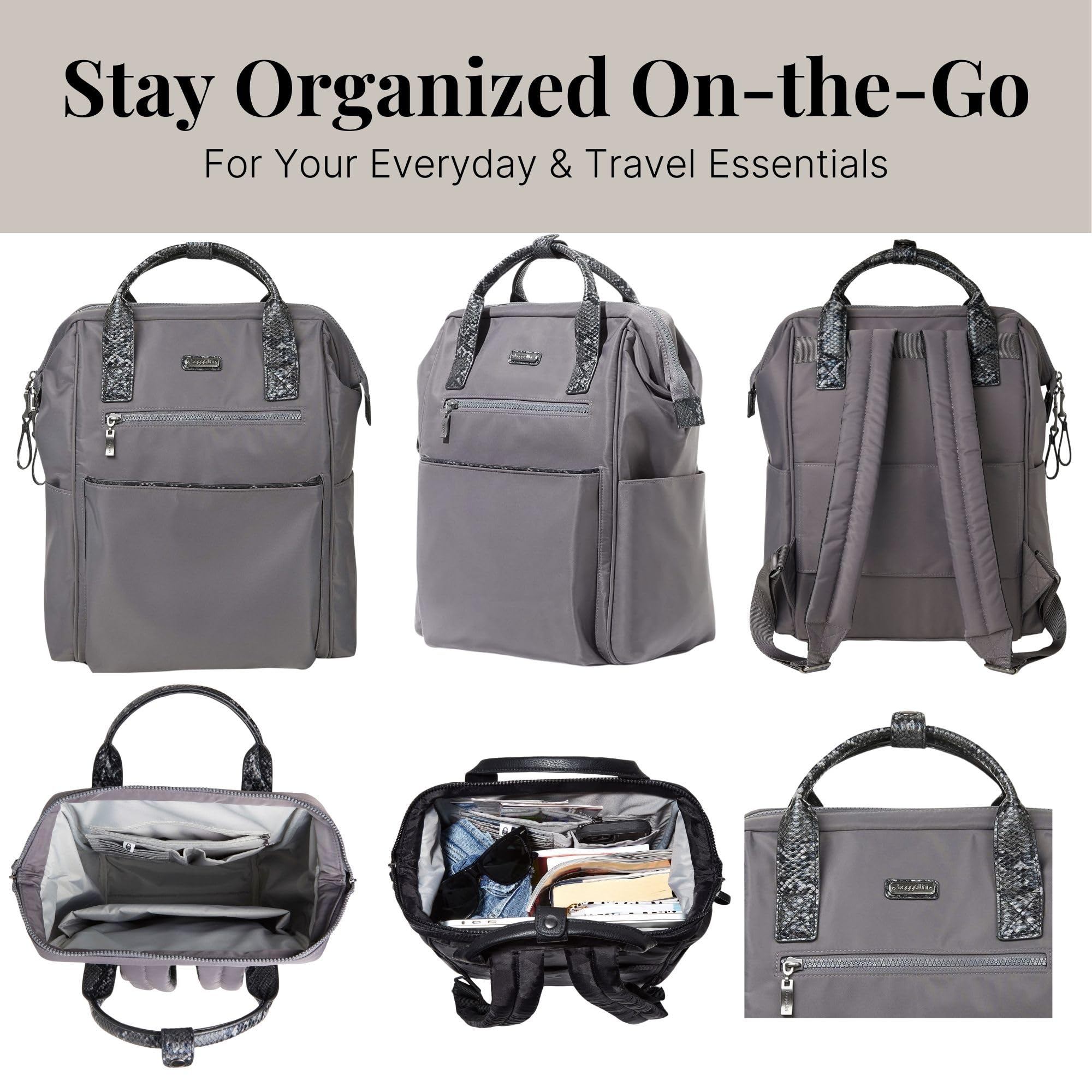 Baggallini Soho Backpack for Women - Lightweight Water-Resistant Laptop Backpack with USB Charging Port - Perfect for Travel, Work & College - Smoke/Faux Python Design