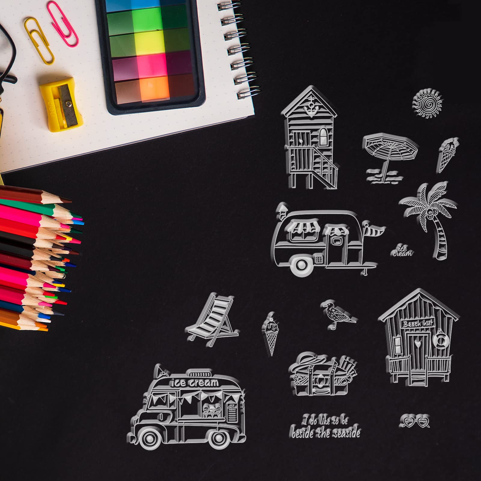 GLOBLELAND Clear Silicone Stamps - Ice Cream Cart & Beach Summer Designs for DIY Scrapbooking, Card Making, Photo Albums | Perfect for Birthday Cards, Valentine's Day Crafts, and Paper Decoration Projects | Use for Handmade Greetings, Memory Books, and Creative Journaling