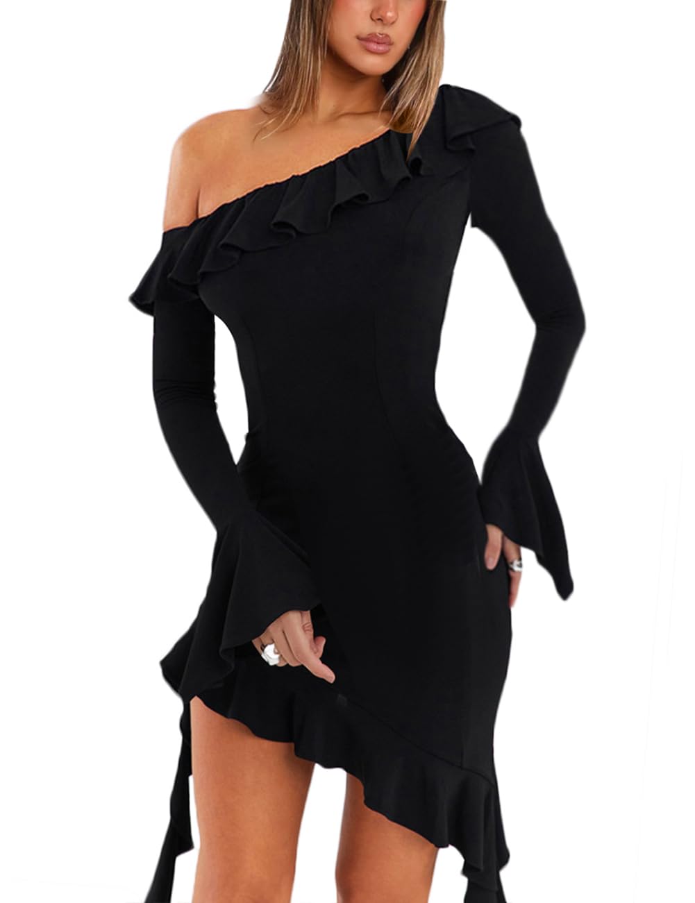 Lancifolium Women's One Shoulder Ruffle Long Sleeve Bodycon Mini Dress - Asymmetrical Sexy Party Dress for Spring Summer Night Out, Clubwear, Date Night, Cocktail Events