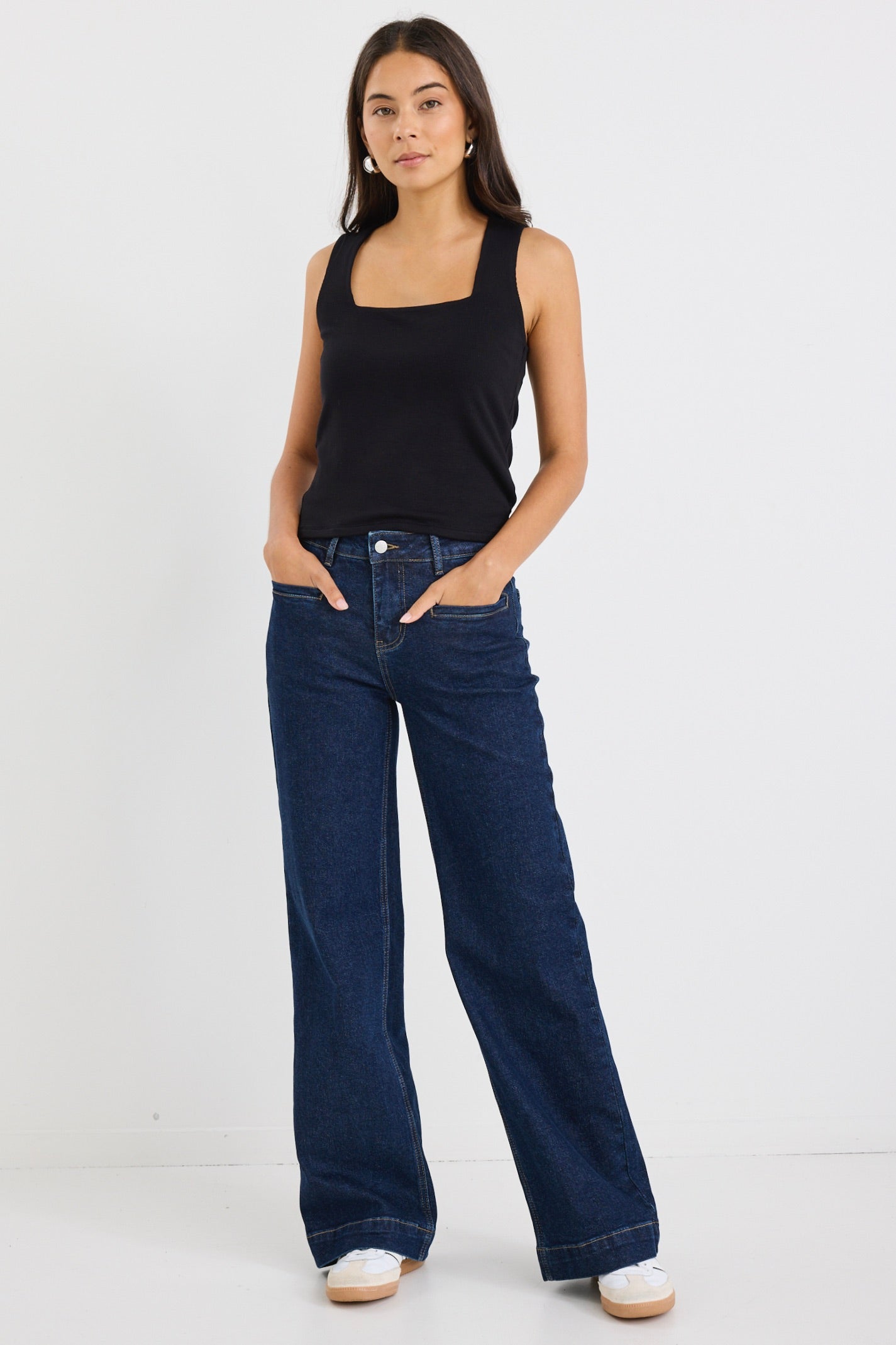 Indigo Mid Rise Wide Leg Jeans with Pockets for Women - Comfortable Stretch Denim for Concerts, Casual Outings & Everyday Wear