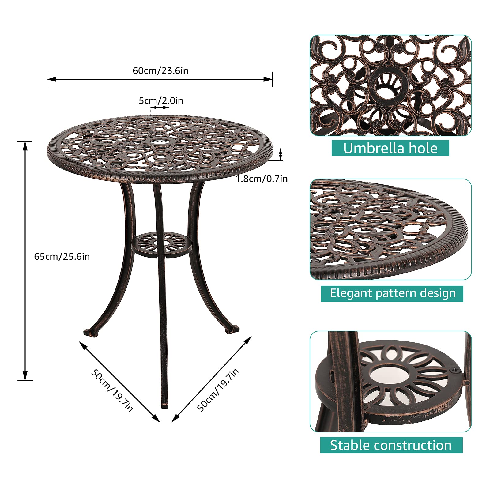 COBANA 3-Piece Outdoor Bistro Set - All-Weather Cast Aluminum Patio Dining Table with 2 Chairs & 2’’ Umbrella Hole, Bronze Retro Style - Perfect for Garden, Balcony, Poolside & Backyard Relaxation