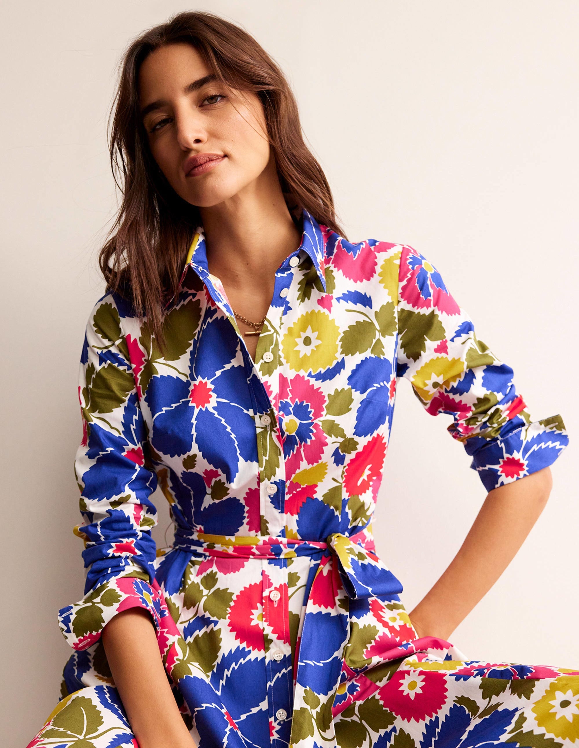 Amy Cotton Midi Shirt Dress - Floral Print Women's Casual Summer Dress with Pockets | Perfect for Brunch, Beach Outings & Vacation Wear (Bloomsbury Pop Design)