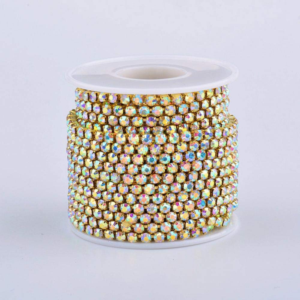 SS6 12 16 18 Gold AB Rhinestones Cup Chain Ribbon - Glass Crystal Applique Metal Trim Strass Fringe Banding for Clothing (10 Yards) - Perfect for Costume Design, DIY Fashion & Dress Embellishment