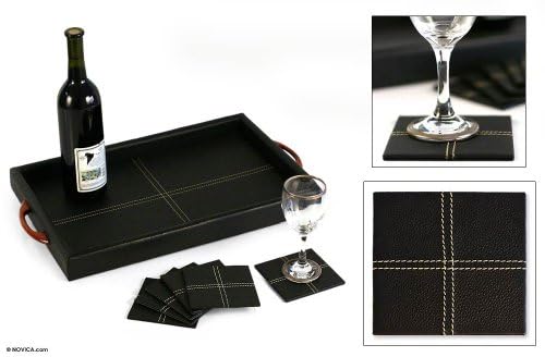 Premium NOVICA Leather & Cedar Coaster Set - Black Tie (Set of 6) | Elegant Drink Coasters for Wine, Cocktails & Home Decor