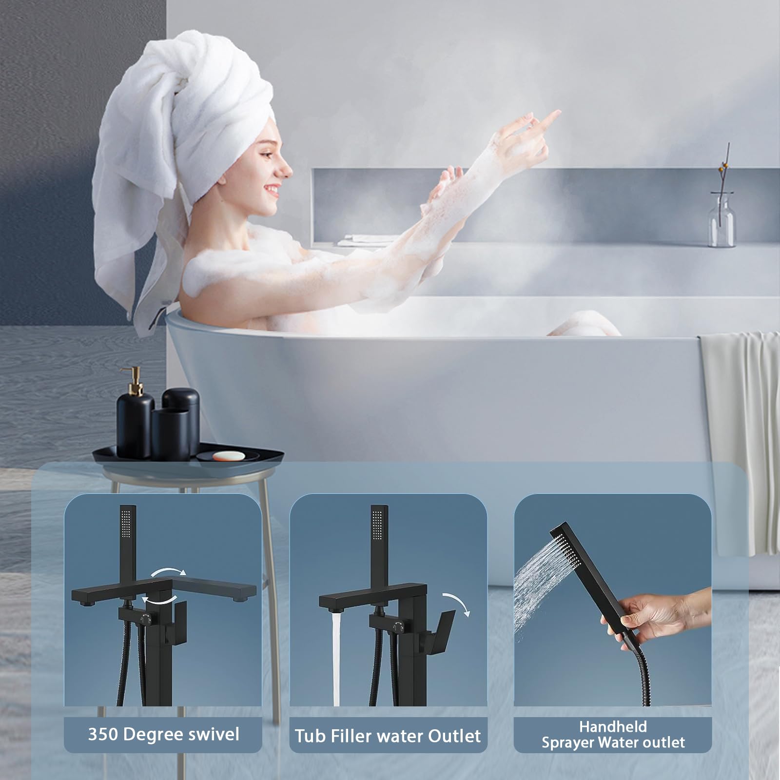 Matte Black Floor Standing Bathtub Faucet - High Flow Waterfall Freestanding Brass Tub Shower Faucet with Handheld Sprayer - Perfect for Modern Bathroom & Spa Relaxation