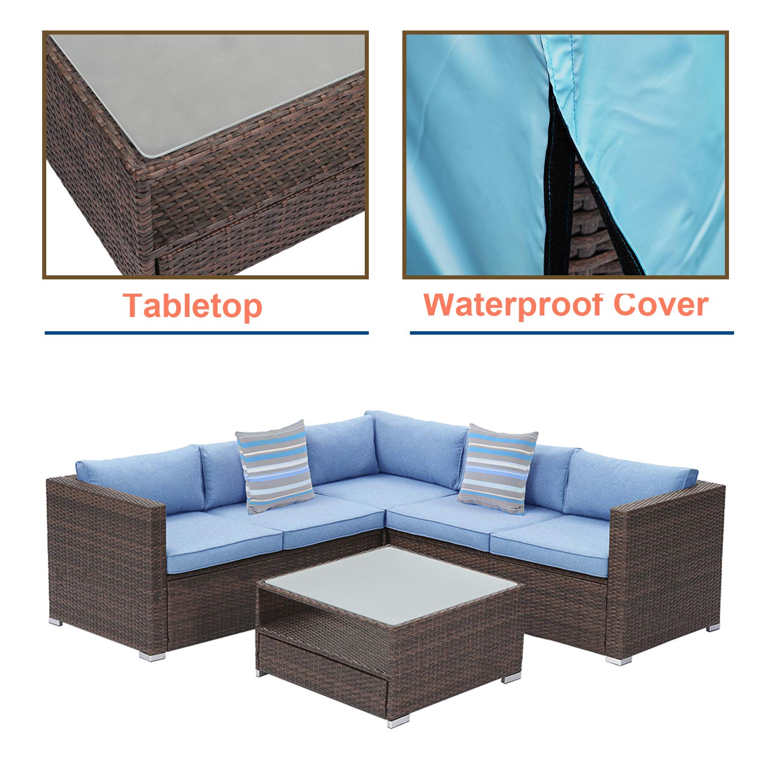 **SUNBURY 4-Piece Outdoor Sectional Sofa Set with Blue Thick Cushions & Tempered Glass Coffee Table - Patio, Backyard, Garden Conversation Furniture for Relaxing & Entertaining**