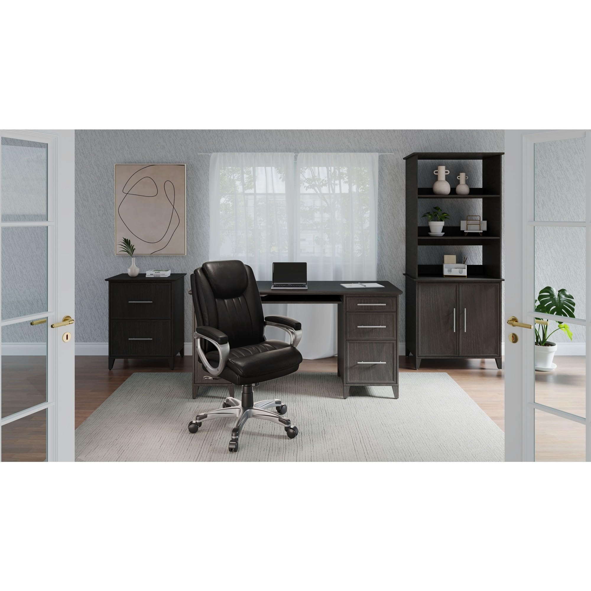 Realspace® Tresswell Bonded Leather High-Back Office Chair - Black/Silver - Ergonomic Executive Desk Chair for Home & Office Workspace, Gaming, and Study